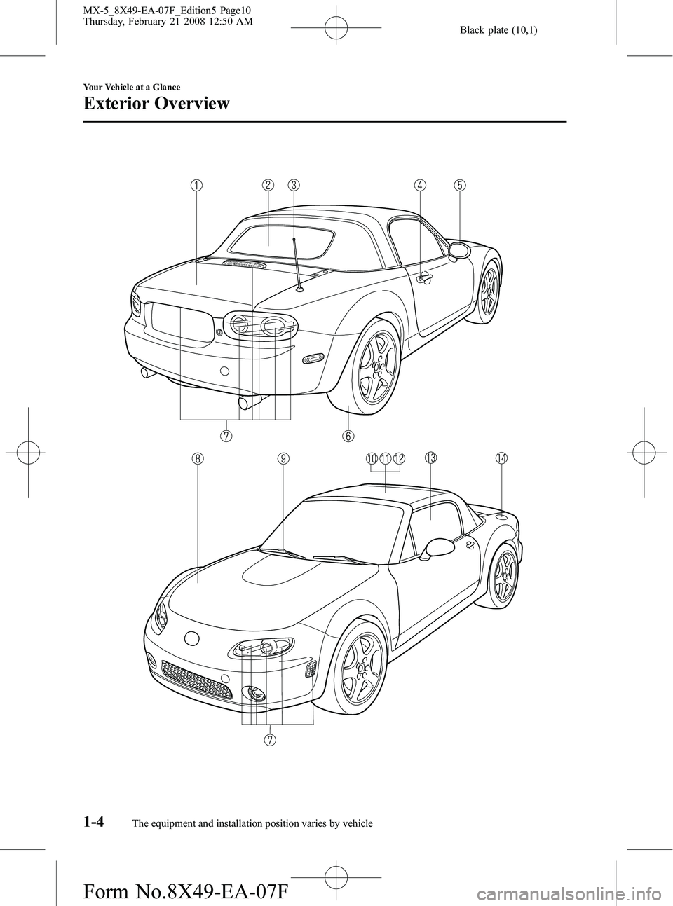 MAZDA MODEL MX-5 MIATA POWER RETRACTABLE HARDTOP 2008  Owners Manual Black plate (10,1)
1-4
Your Vehicle at a Glance
The equipment and installation position varies by vehicle
Exterior Overview
MX-5_8X49-EA-07F_Edition5 Page10
Thursday, February 21 2008 12:50 AM
Form No