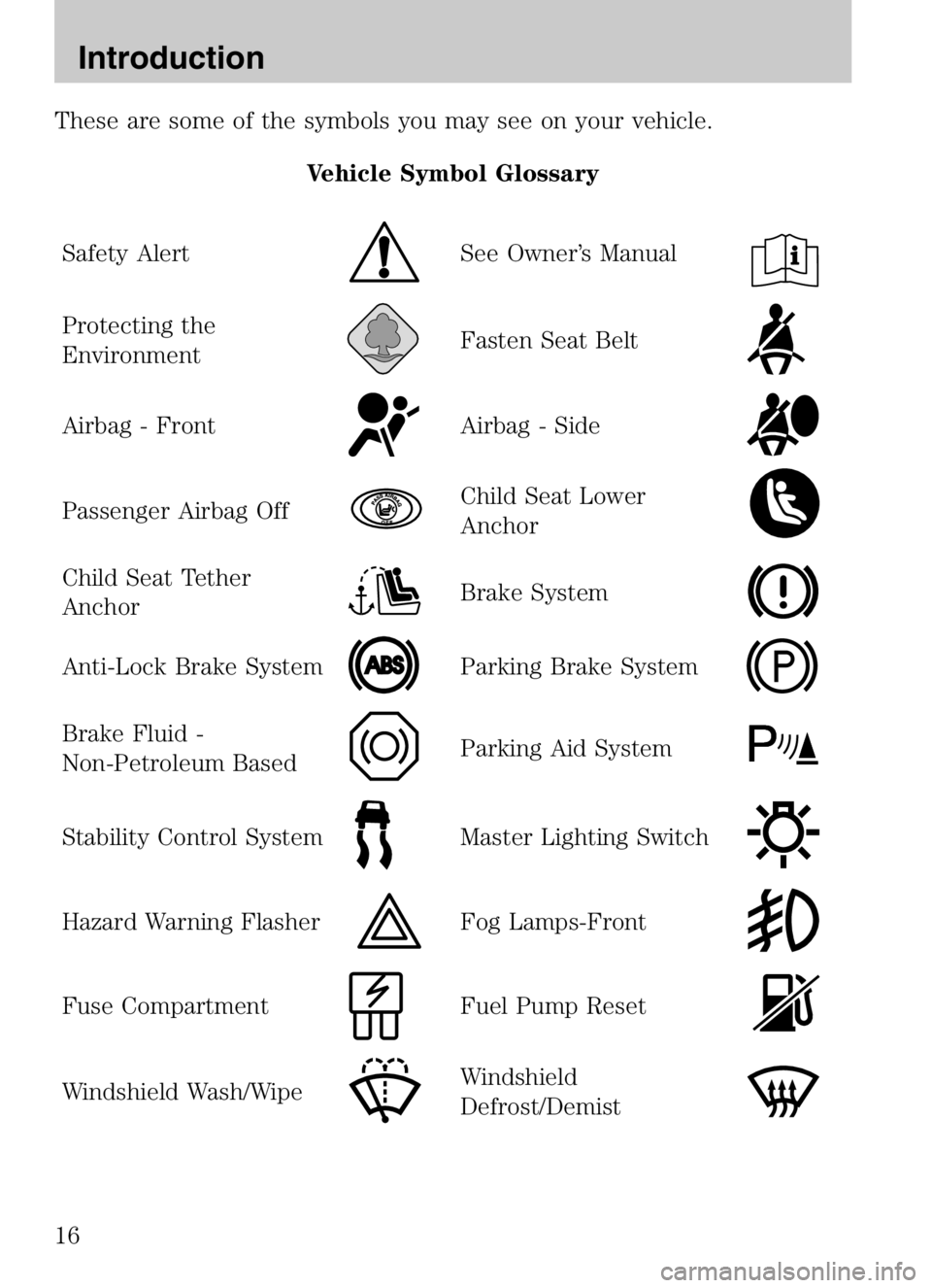 MAZDA MODEL B4000 CAB PLUS 4 TRUCK 2008  Owners Manual These are some of the symbols you may see on your vehicle.Vehicle Symbol Glossary
Safety Alert
See Owner’s Manual
Protecting the
EnvironmentFasten Seat Belt
Airbag - FrontAirbag - Side
Passenger Air