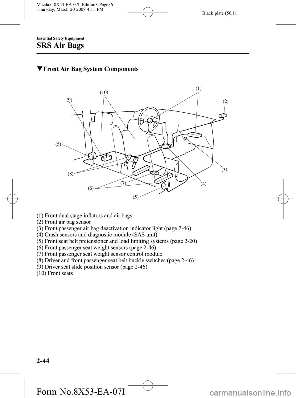 MAZDA MODEL 5 2008  Owners Manual Black plate (56,1)
qFront Air Bag System Components
(8)
(5)
(7)
(6)
(5) (4)(3)(2)
(1)
(9) (10)
(1) Front dual stage inflators and air bags
(2) Front air bag sensor
(3) Front passenger air bag deactiva