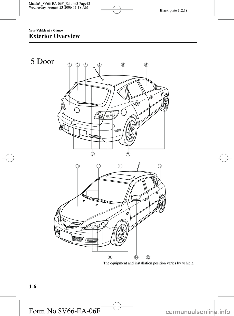 MAZDA MODEL 3 5-DOOR 2007 User Guide Black plate (12,1)
The equipment and installation position varies by vehicle.
5 Door
1-6
Your Vehicle at a Glance
Exterior Overview
Mazda3_8V66-EA-06F_Edition3 Page12
Wednesday, August 23 2006 11:18 A