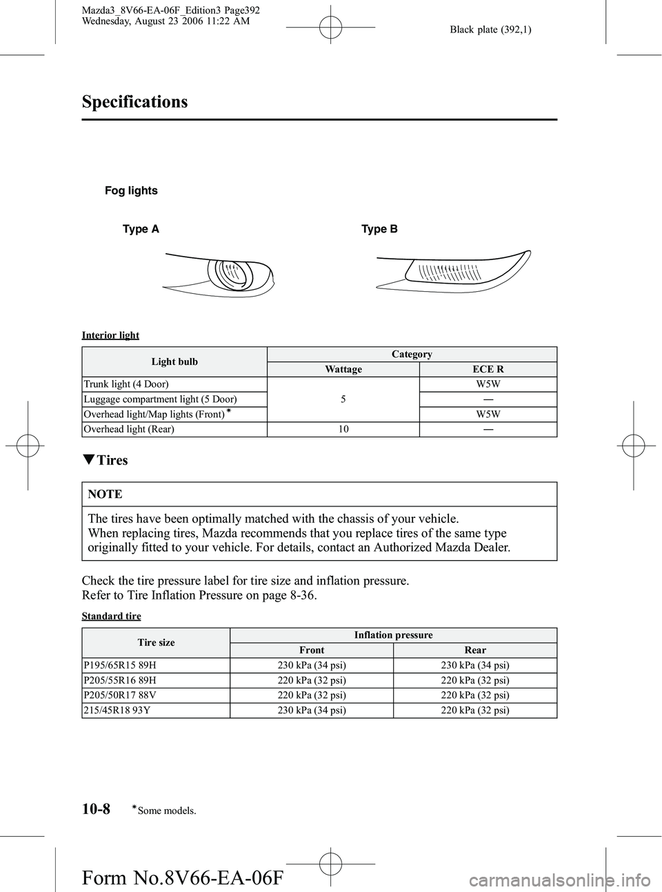 MAZDA MODEL 3 4-DOOR 2007 Service Manual Black plate (392,1)
Fog lightsType A Type B
Interior light Light bulb Category
Wattage ECE R
Trunk light (4 Door) 5W5W
Luggage compartment light (5 Door) ―
Overhead light/Map lights (Front)
íW5W
Ov