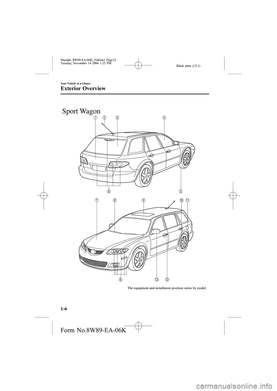 MAZDA MODEL 6 WAGON 2007 User Guide Black plate (12,1)
The equipment and installation position varies by model.
Sport Wagon
1-6
Your Vehicle at a Glance
Exterior Overview
Mazda6_8W89-EA-06K_Edition1 Page12
Tuesday, November 14 2006 1:22