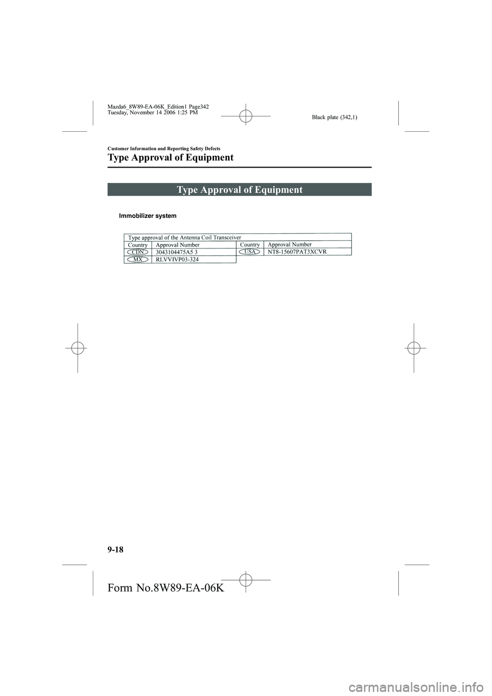 MAZDA MODEL 6 SPORT SEDAN 2007  Owners Manual Black plate (342,1)
Type Approval of Equipment
Immobilizer system
9-18
Customer Information and Reporting Safety Defects
Type Approval of Equipment
Mazda6_8W89-EA-06K_Edition1 Page342
Tuesday, Novembe