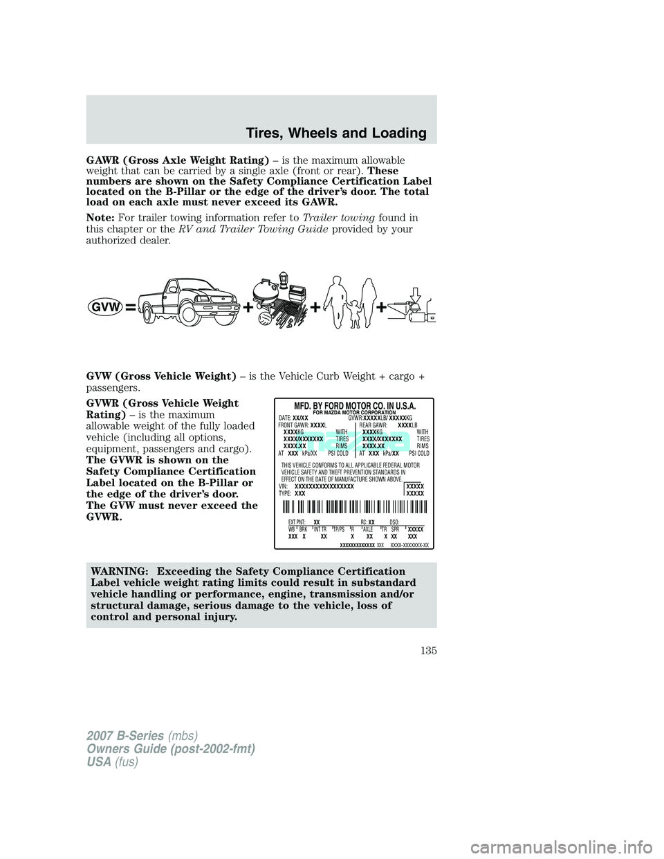 MAZDA MODEL B3000 TRUCK 2007  Owners Manual GAWR (Gross Axle Weight Rating)– is the maximum allowable
weight that can be carried by a single axle (front or rear). These
numbers are shown on the Safety Compliance Certification Label
located on