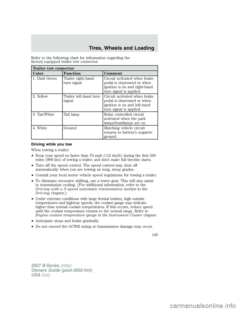 MAZDA MODEL B3000 TRUCK 2007  Owners Manual Refer to the following chart for information regarding the
factory-equipped trailer tow connector:
Trailer tow connector
ColorFunction Comment
1. Dark Green Trailer right-hand turn signal Circuit acti