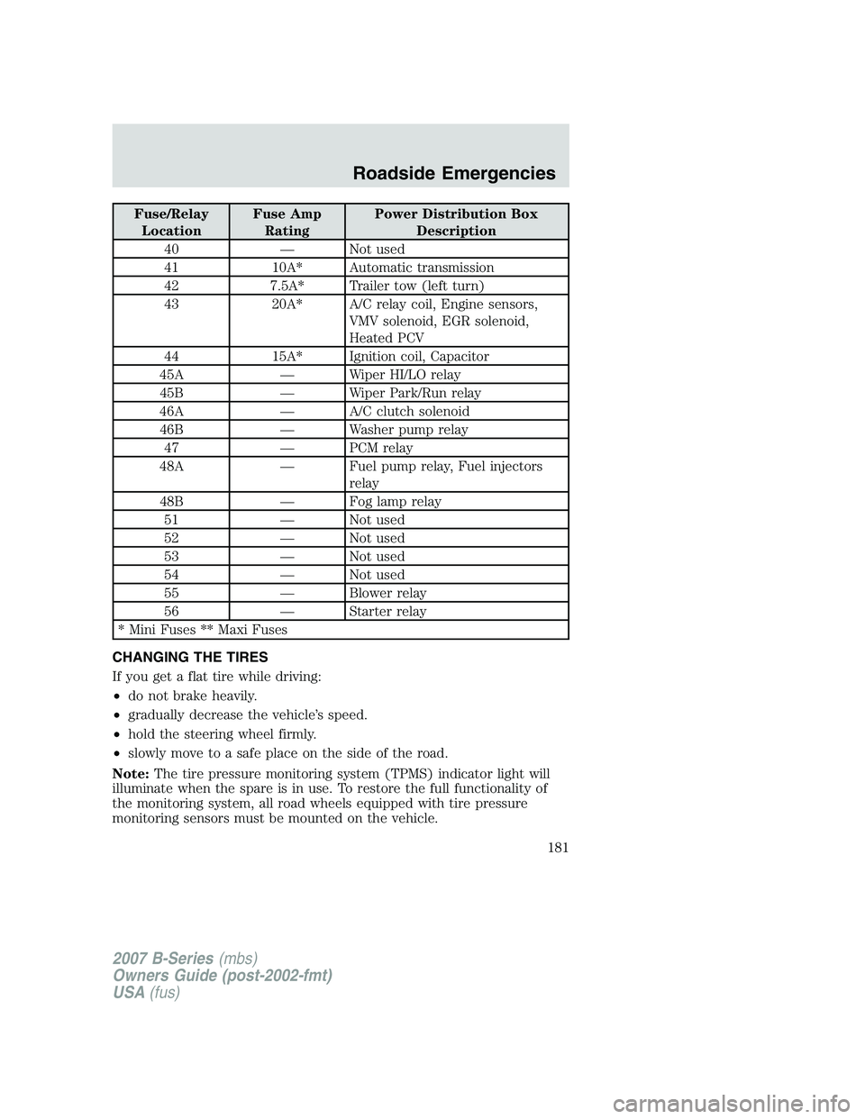 MAZDA MODEL B3000 TRUCK 2007 Owners Manual Fuse/RelayLocation Fuse Amp
Rating Power Distribution Box
Description
40 — Not used
41 10A* Automatic transmission
42 7.5A* Trailer tow (left turn)
43 20A* A/C relay coil, Engine sensors,
VMV soleno MAZDA MODEL B3000 TRUCK 2007 Owners Manual Fuse/RelayLocation Fuse Amp
Rating Power Distribution Box
Description
40 — Not used
41 10A* Automatic transmission
42 7.5A* Trailer tow (left turn)
43 20A* A/C relay coil, Engine sensors,
VMV soleno