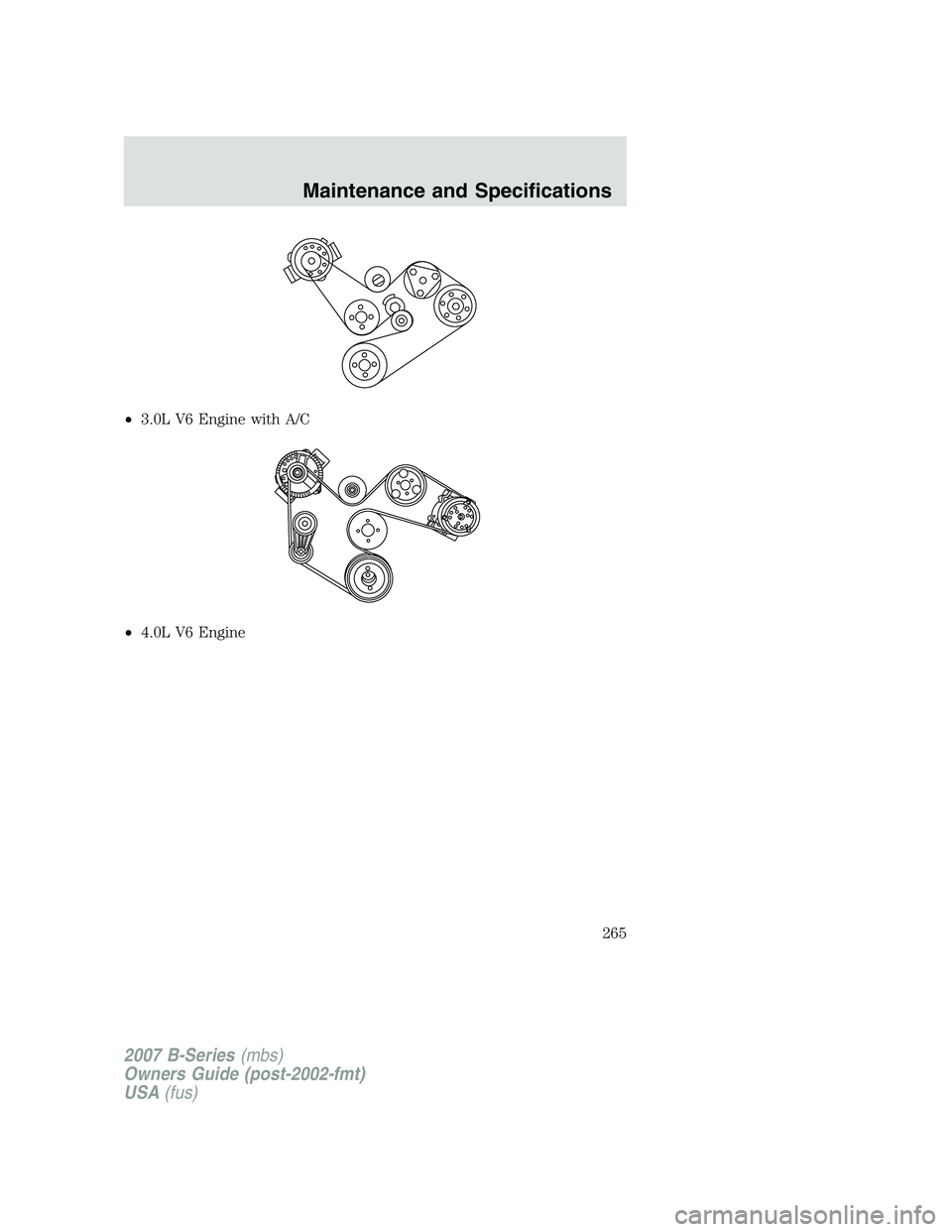 MAZDA MODEL B3000 TRUCK 2007  Owners Manual •3.0L V6 Engine with A/C
• 4.0L V6 Engine
2007 B-Series (mbs)
Owners Guide (post-2002-fmt)
USA (fus)
Maintenance and Specifications
265 