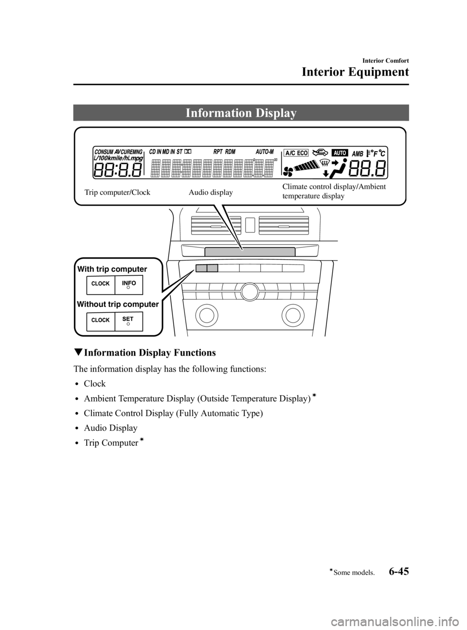 MAZDA MODEL 3 4-DOOR 2006  Owners Manual Black plate (215,1)
Information Display
With trip computer
Without trip computer Trip computer/Clock
Audio display
Climate control display/Ambient 
temperature display
q
Information Display Functions
