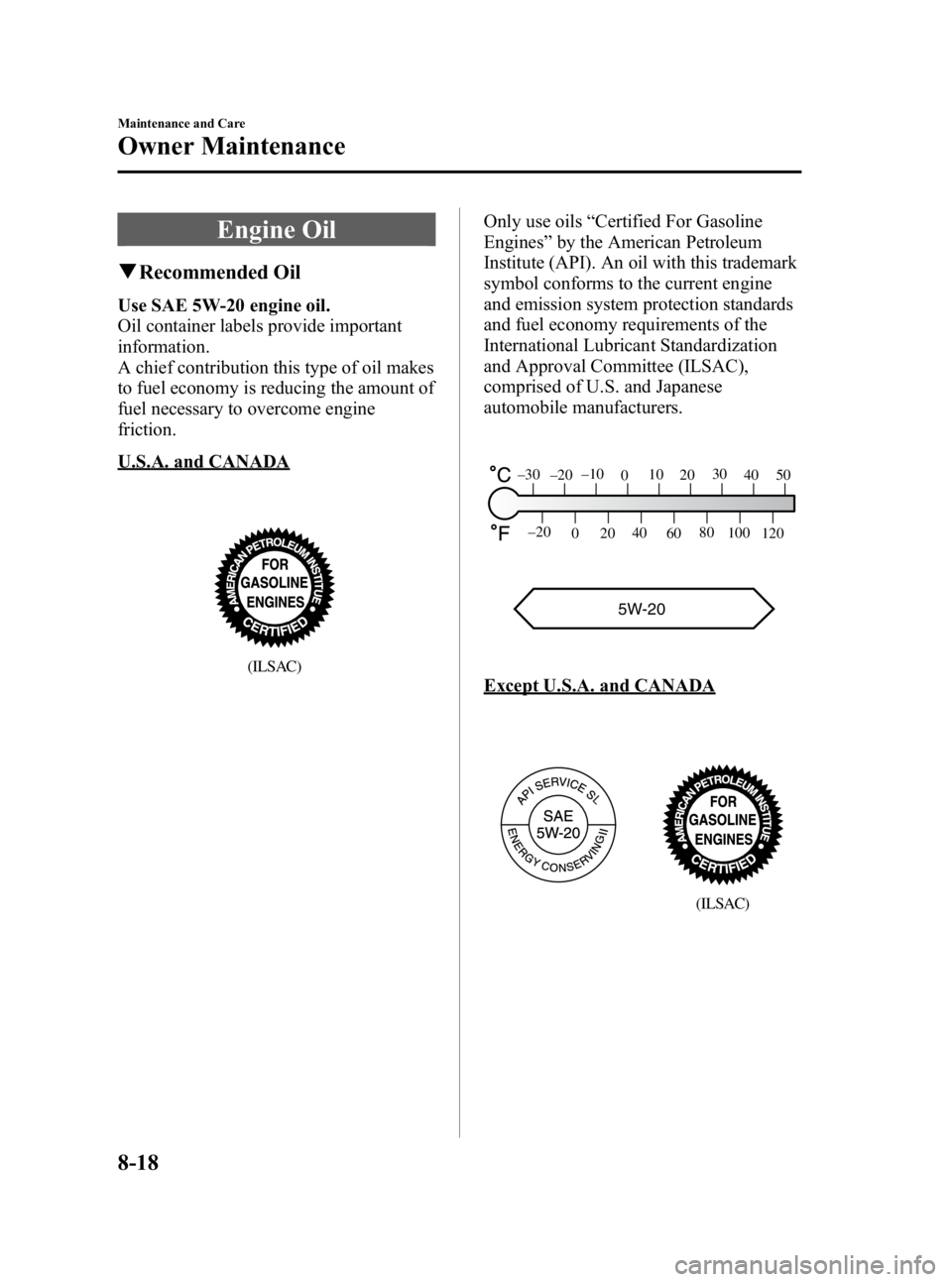 MAZDA MODEL 3 4-DOOR 2006  Owners Manual Black plate (266,1)
Engine Oil
qRecommended Oil
Use SAE 5W-20 engine oil.
Oil container labels provide important
information.
A chief contribution this type of oil makes
to fuel economy is reducing th