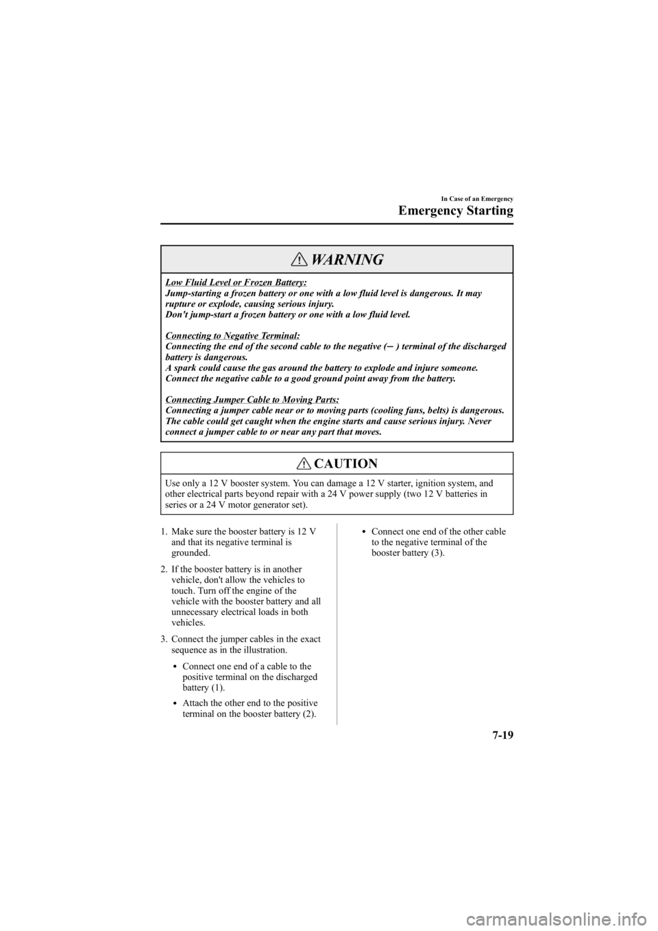 MAZDA MODEL 6 SPORT WAGON 2006  Owners Manual Black plate (263,1)
WARNING
Low Fluid Level or Frozen Battery:
Jump-starting a frozen battery or one with a low fluid level is dangerous. It may
rupture or explode, causing serious injury.
Don't j