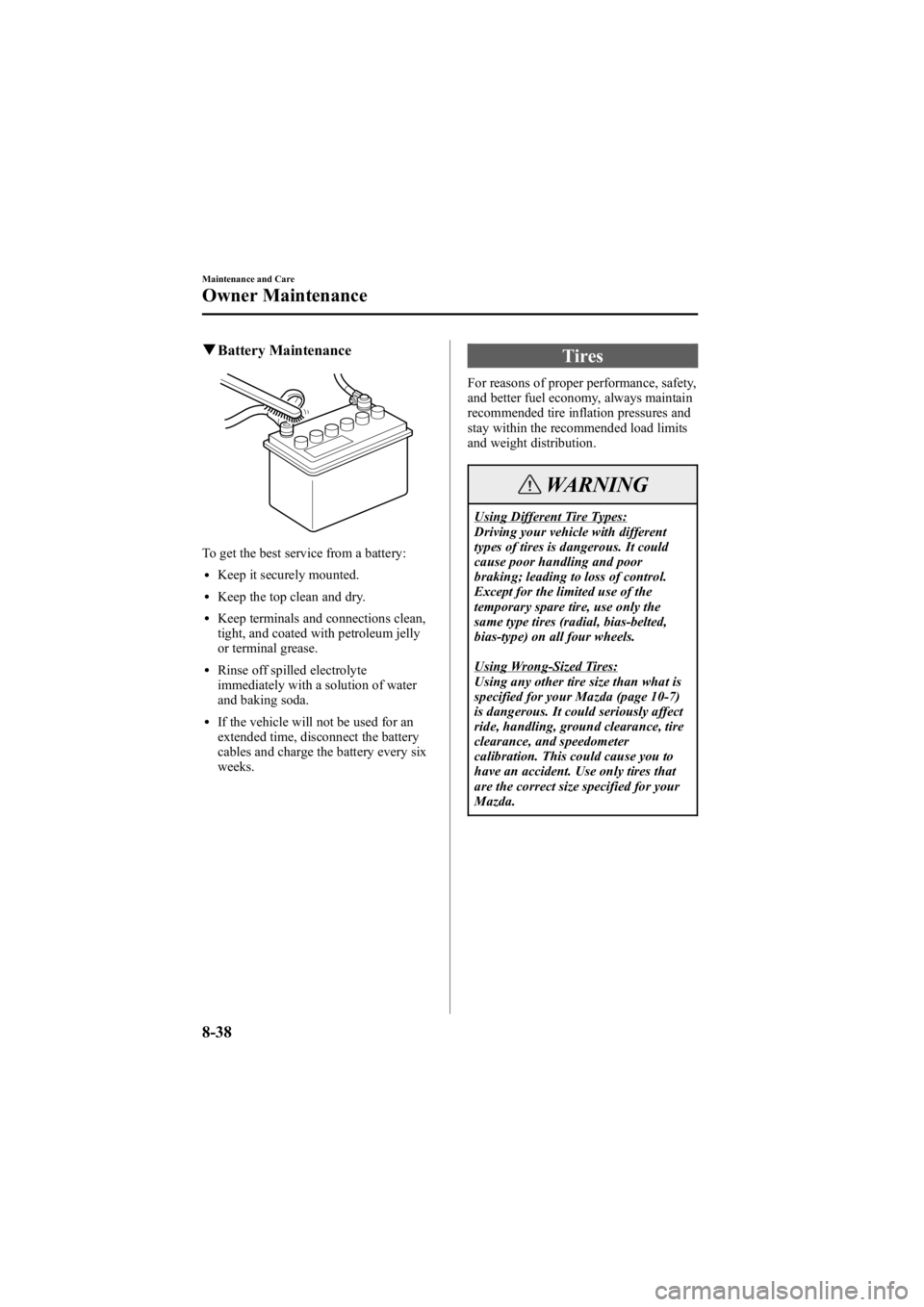 MAZDA MODEL 6 SPORT WAGON 2006  Owners Manual Black plate (304,1)
qBattery Maintenance
To get the best service from a battery:
lKeep it securely mounted.
lKeep the top clean and dry.
lKeep terminals and connections clean,
tight, and coated with p