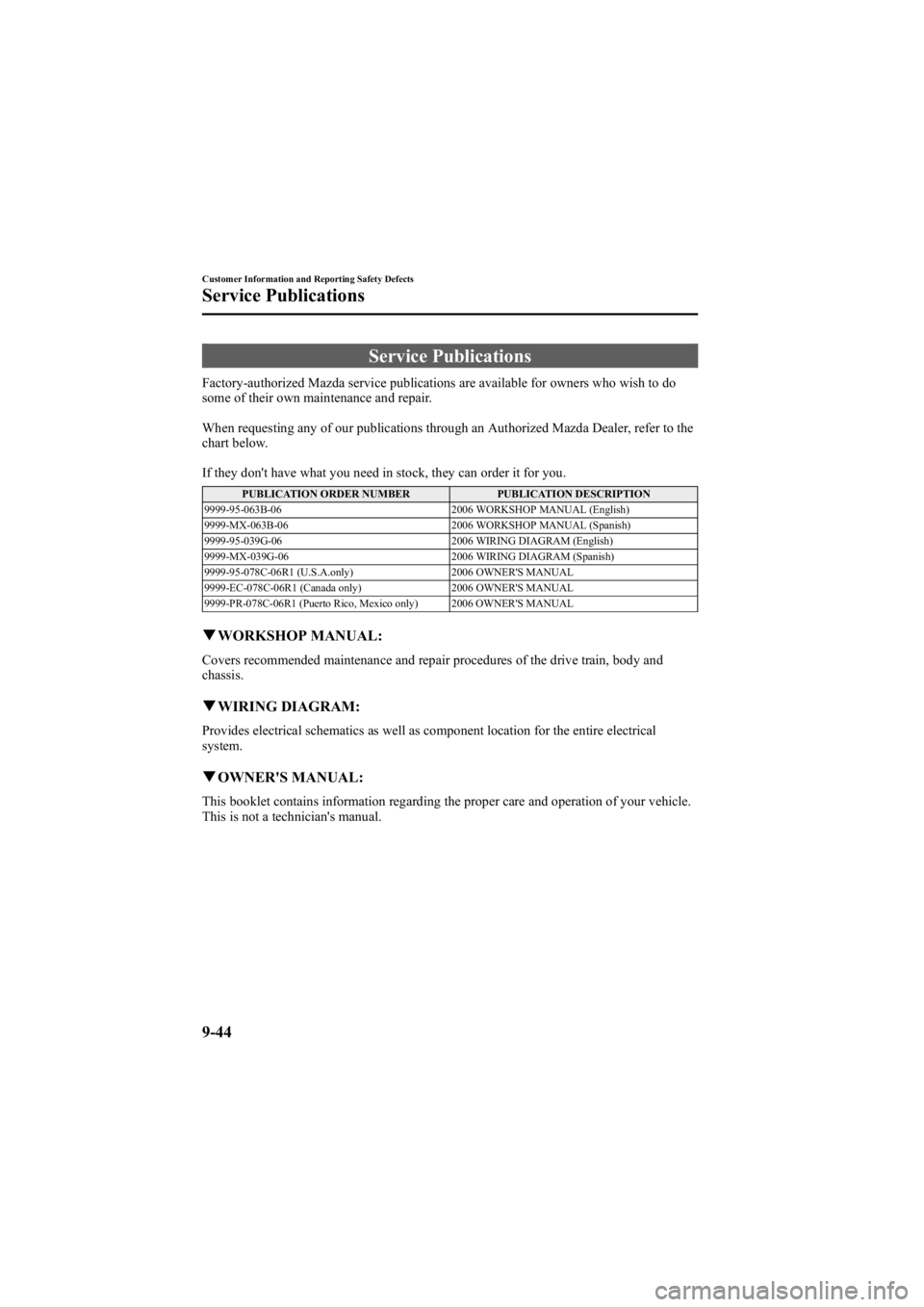 MAZDA MODEL 6 SPORT WAGON 2006  Owners Manual Black plate (374,1)
Service Publications
Factory-authorized Mazda service publications are available for owners who wish to do
some of their own maintenance and repair.
When requesting any of our publ