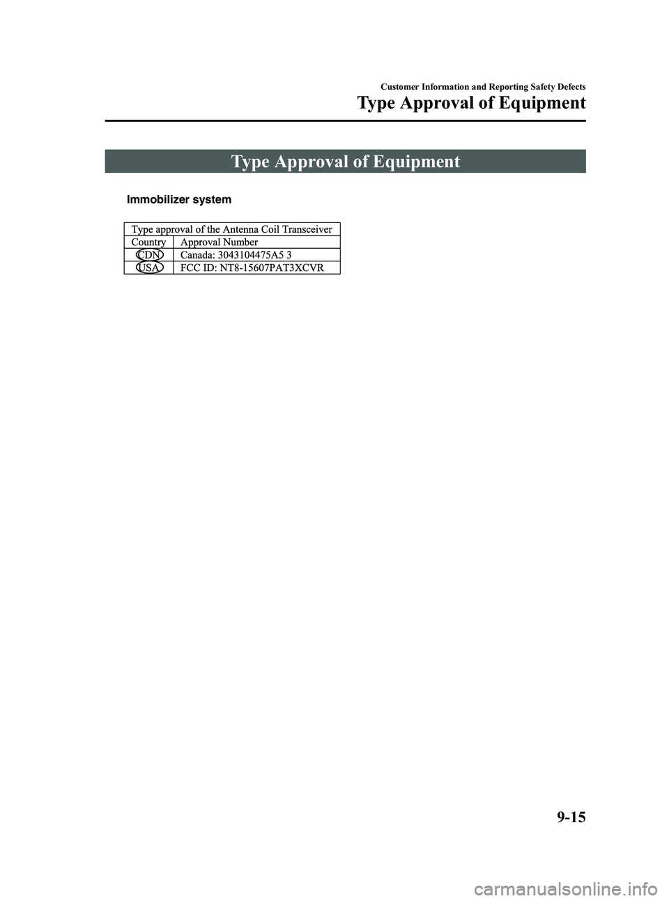 MAZDA MODEL SPEED 6 2006 User Guide Black plate (315,1)
Type Approval of Equipment
Immobilizer system
Customer Information and Reporting Safety Defects
Type Approval of Equipment
9-15
Mazdaspeed6_8U01-EA-05H_Edition2 Page315
Thursday, S MAZDA MODEL SPEED 6 2006 User Guide Black plate (315,1)
Type Approval of Equipment
Immobilizer system
Customer Information and Reporting Safety Defects
Type Approval of Equipment
9-15
Mazdaspeed6_8U01-EA-05H_Edition2 Page315
Thursday, S