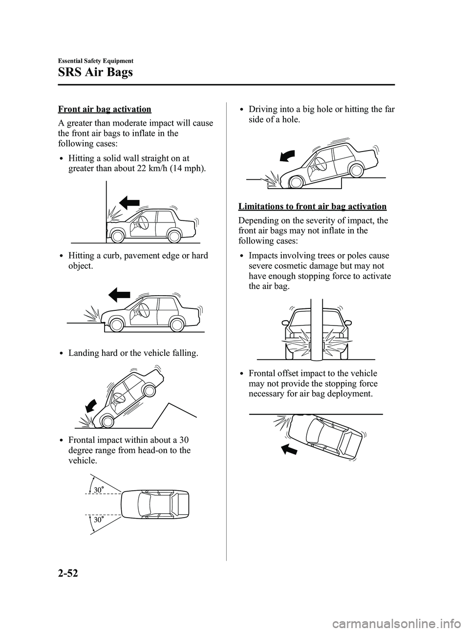 MAZDA MODEL SPEED 6 2006 Repair Manual Black plate (64,1)
Front air bag activation
A greater than moderate impact will cause
the front air bags to inflate in the
following cases:
lHitting a solid wall straight on at
greater than about 22 k MAZDA MODEL SPEED 6 2006 Repair Manual Black plate (64,1)
Front air bag activation
A greater than moderate impact will cause
the front air bags to inflate in the
following cases:
lHitting a solid wall straight on at
greater than about 22 k