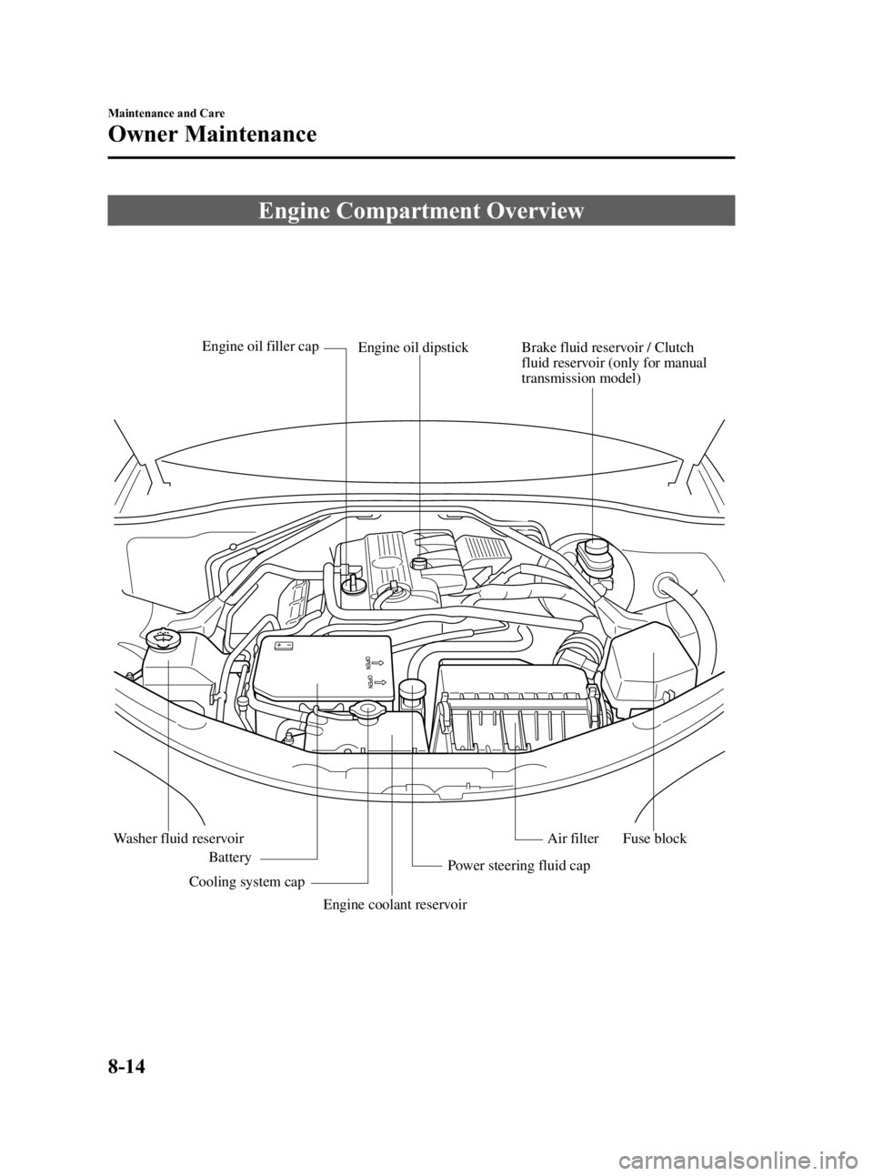 MAZDA MODEL MX-5 MIATA 2006  Owners Manual Black plate (282,1)
Engine Compartment Overview
Engine oil dipstick
Engine oil filler cap
Brake fluid reservoir / Clutch 
fluid reservoir (only for manual 
transmission model)
Washer fluid reservoir C