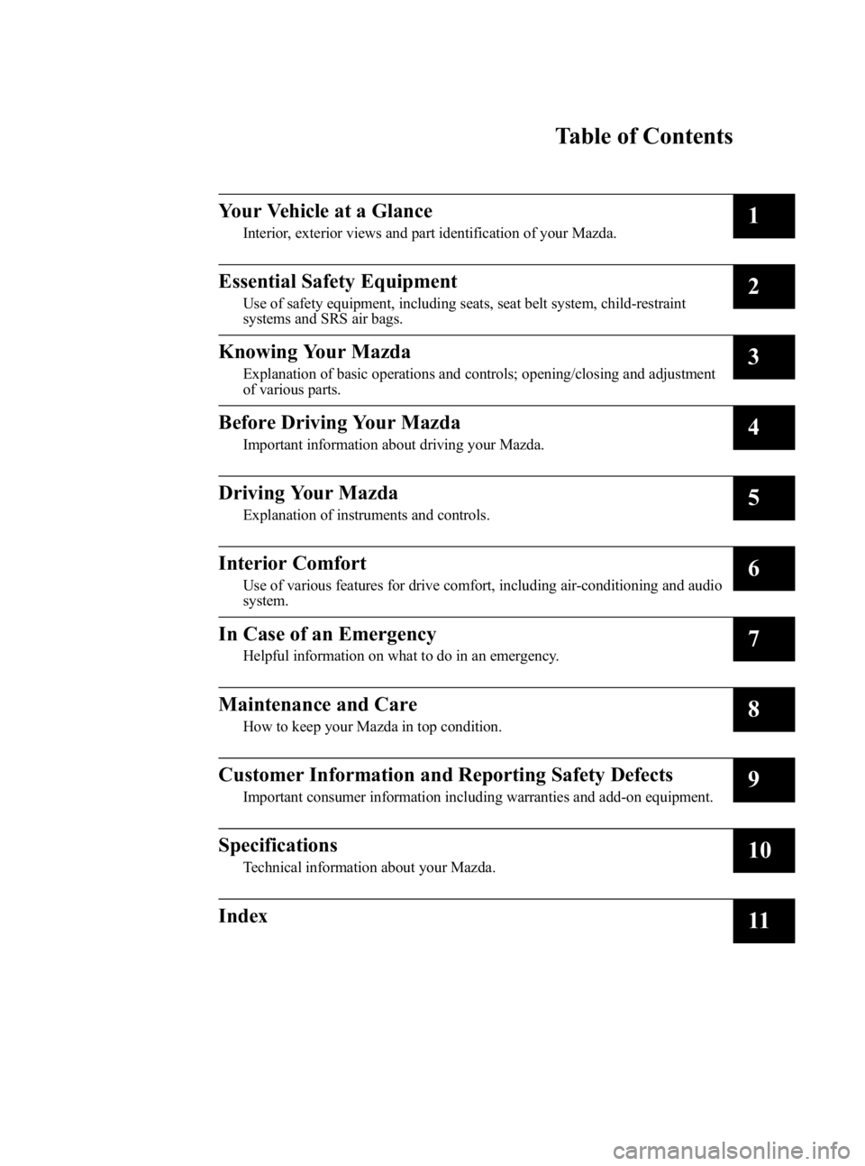 MAZDA MODEL MX-5 MIATA 2006  Owners Manual Black plate (5,1)
MX-5_8U35-EA-05F_Edition4 Page5
Thursday, October 6 2005 11:2 AM
Form No.8U35-EA-05F
Table of Contents
Your Vehicle at a Glance
Interior, exterior views and part identification of yo