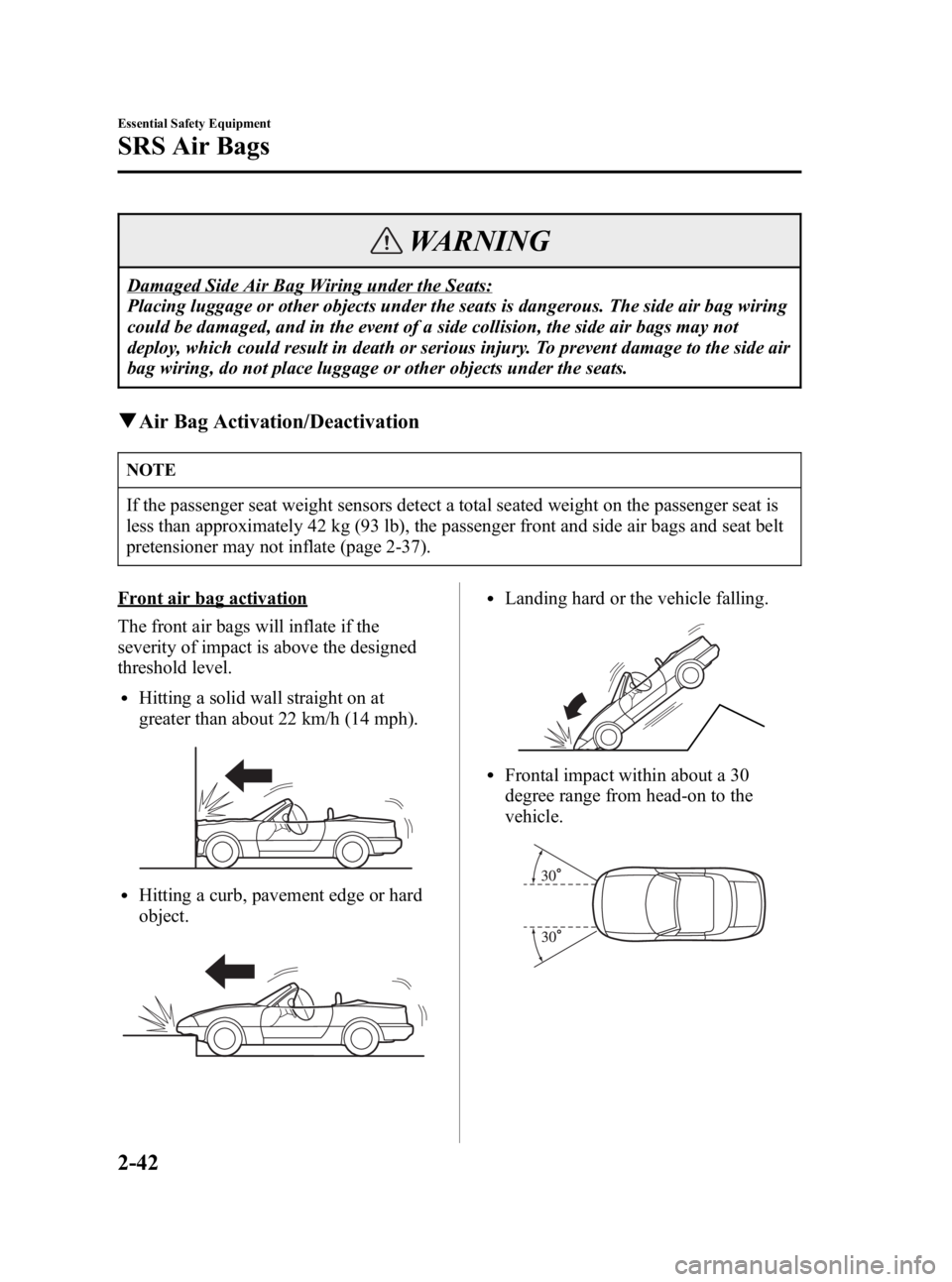 MAZDA MODEL MX-5 MIATA 2006 Owners Manual Black plate (54,1)
WARNING
Damaged Side Air Bag Wiring under the Seats:
Placing luggage or other objects under the seats is dangerous. The side air bag wiring
could be damaged, and in the event of a s