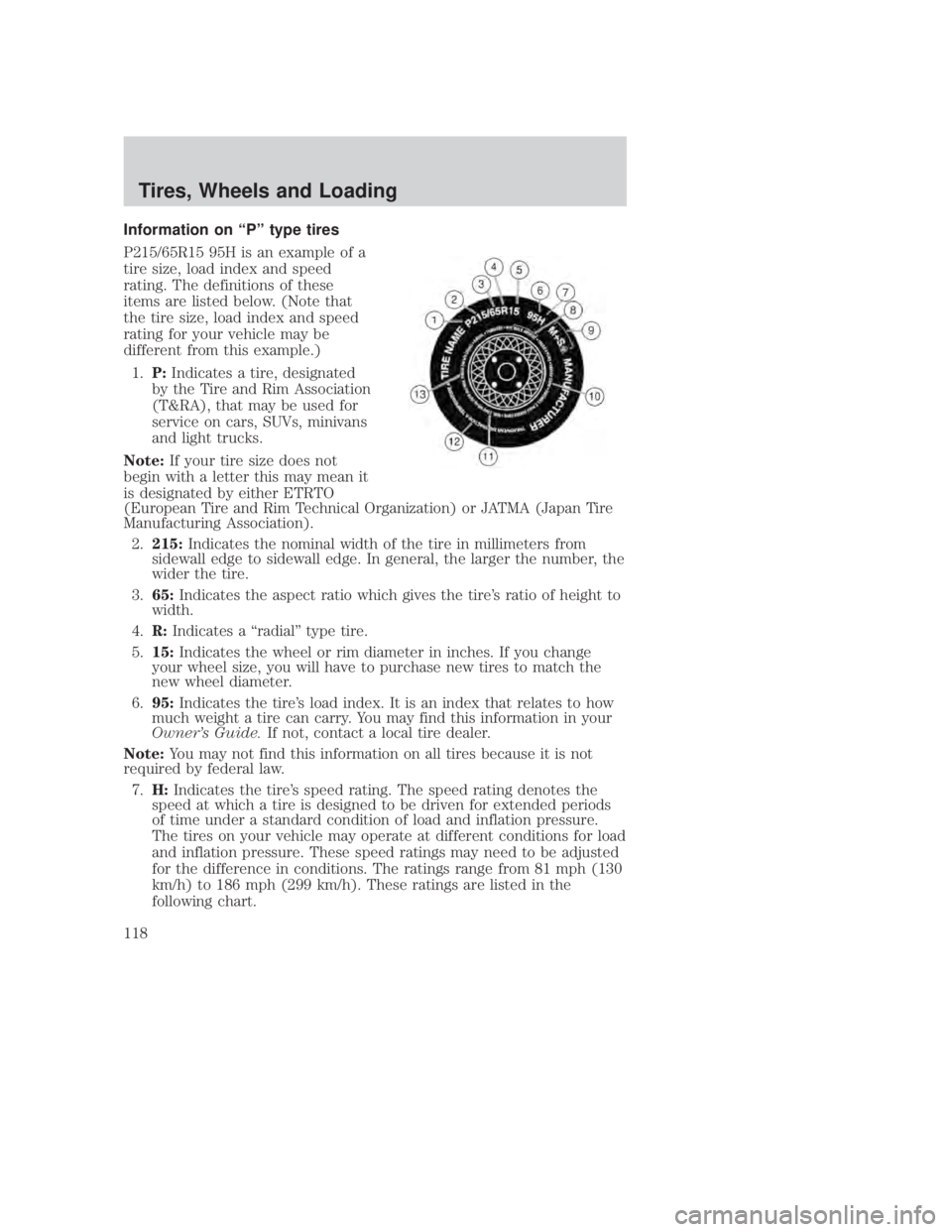 MAZDA MODEL B3000 TRUCK 2006 Owners Manual JOBNAME: No Job Name PAGE: 118 SESS: 1 OUTPUT: Thu Sep 15 08:22:27 2005
/ford_pdm/ford/own2002/mbs/og
Information on ªPº type tires
P215/65R15 95H is an example of a
tire size, load index and speed
MAZDA MODEL B3000 TRUCK 2006 Owners Manual JOBNAME: No Job Name PAGE: 118 SESS: 1 OUTPUT: Thu Sep 15 08:22:27 2005
/ford_pdm/ford/own2002/mbs/og
Information on ªPº type tires
P215/65R15 95H is an example of a
tire size, load index and speed