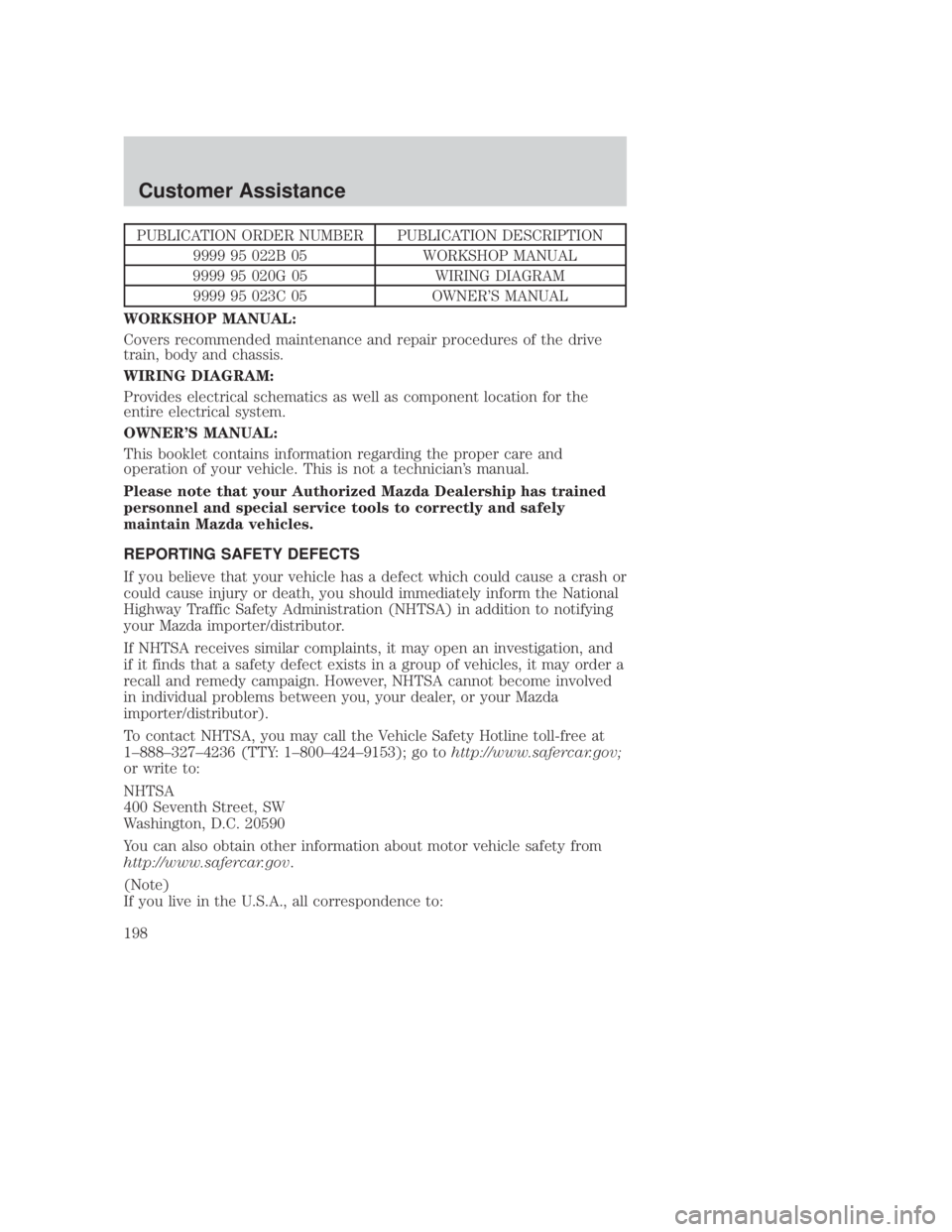 MAZDA MODEL B3000 TRUCK 2006 Owners Manual JOBNAME: No Job Name PAGE: 198 SESS: 1 OUTPUT: Thu Sep 15 08:22:27 2005
/ford_pdm/ford/own2002/mbs/og
PUBLICATION ORDER NUMBER PUBLICATION DESCRIPTION9999 95 022B 05 WORKSHOP MANUAL
9999 95 020G 05 WI MAZDA MODEL B3000 TRUCK 2006 Owners Manual JOBNAME: No Job Name PAGE: 198 SESS: 1 OUTPUT: Thu Sep 15 08:22:27 2005
/ford_pdm/ford/own2002/mbs/og
PUBLICATION ORDER NUMBER PUBLICATION DESCRIPTION9999 95 022B 05 WORKSHOP MANUAL
9999 95 020G 05 WI