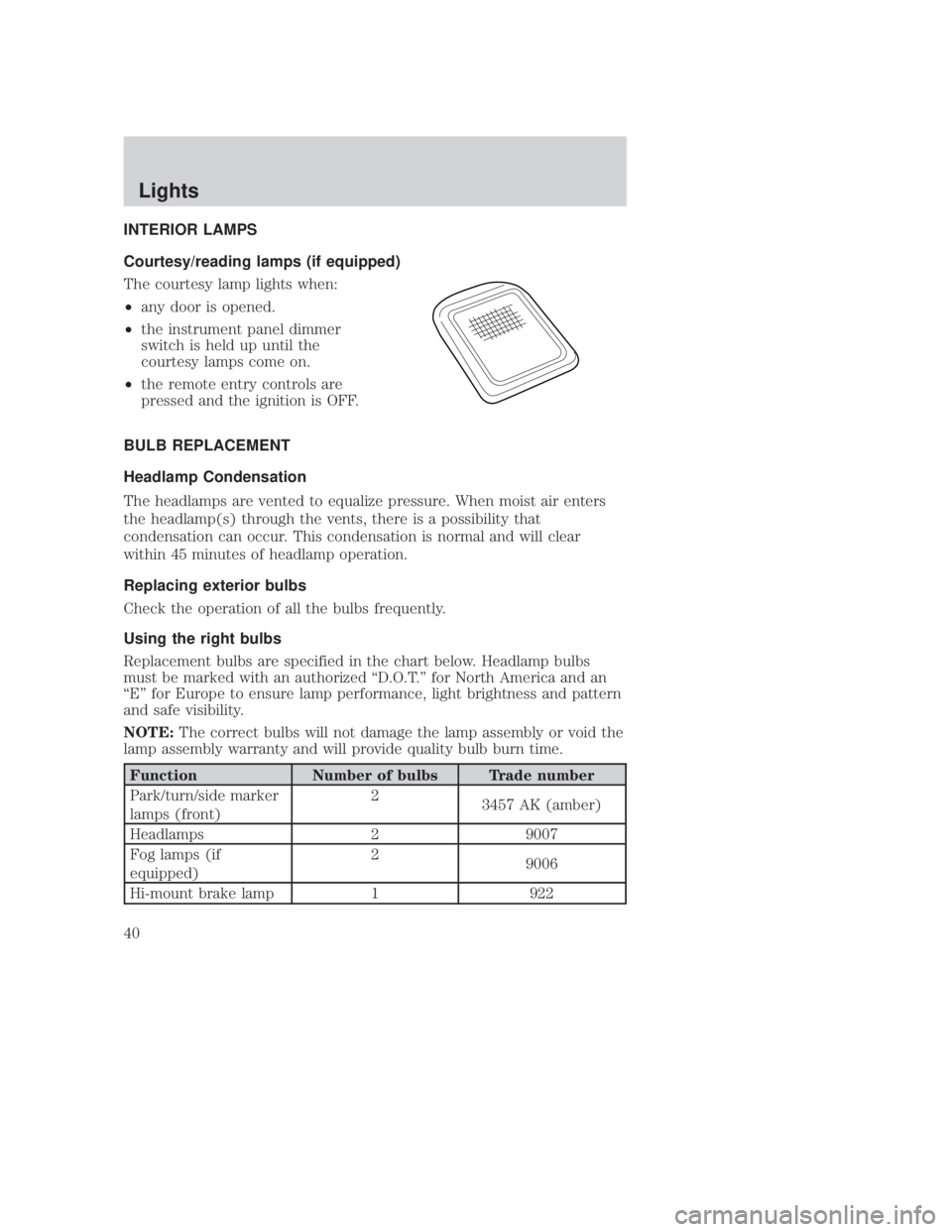 MAZDA MODEL B3000 TRUCK 2006 Owners Guide JOBNAME: No Job Name PAGE: 40 SESS: 1 OUTPUT: Thu Sep 15 08:22:27 2005
/ford_pdm/ford/own2002/mbs/og
INTERIOR LAMPS
Courtesy/reading lamps (if equipped)
The courtesy lamp lights when:
²any door is op MAZDA MODEL B3000 TRUCK 2006 Owners Guide JOBNAME: No Job Name PAGE: 40 SESS: 1 OUTPUT: Thu Sep 15 08:22:27 2005
/ford_pdm/ford/own2002/mbs/og
INTERIOR LAMPS
Courtesy/reading lamps (if equipped)
The courtesy lamp lights when:
²any door is op
