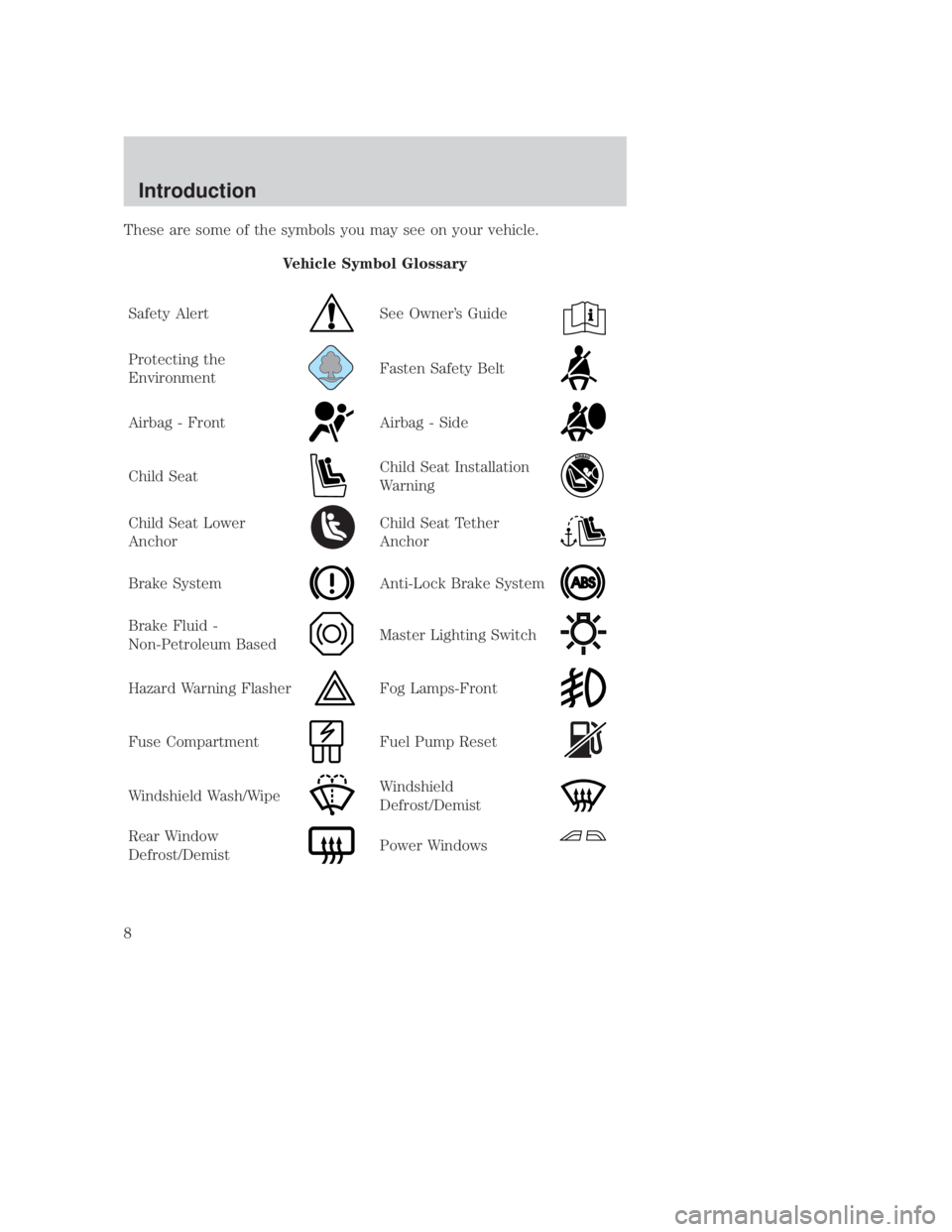 MAZDA MODEL B3000 TRUCK 2006 Owners Manual JOBNAME: No Job Name PAGE: 8 SESS: 1 OUTPUT: Thu Sep 15 08:22:27 2005
/ford_pdm/ford/own2002/mbs/og
These are some of the symbols you may see on your vehicle.Vehicle Symbol Glossary
Safety Alert
See O MAZDA MODEL B3000 TRUCK 2006 Owners Manual JOBNAME: No Job Name PAGE: 8 SESS: 1 OUTPUT: Thu Sep 15 08:22:27 2005
/ford_pdm/ford/own2002/mbs/og
These are some of the symbols you may see on your vehicle.Vehicle Symbol Glossary
Safety Alert
See O