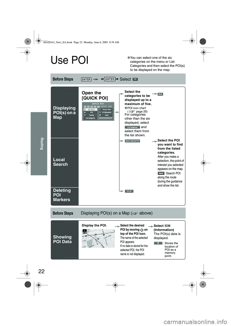MAZDA MODEL 5 2006 Owners Manual 22
Routing
Use POI
●You can select one of the six
categories on the menu or List
Categories and then select the POI(s)
to be displayed on the map.
Before Steps Select
Displaying
POI(s) on a MAZDA MODEL 5 2006 Owners Manual 22
Routing
Use POI
●You can select one of the six
categories on the menu or List
Categories and then select the POI(s)
to be displayed on the map.
Before Steps Select
Displaying
POI(s) on a
