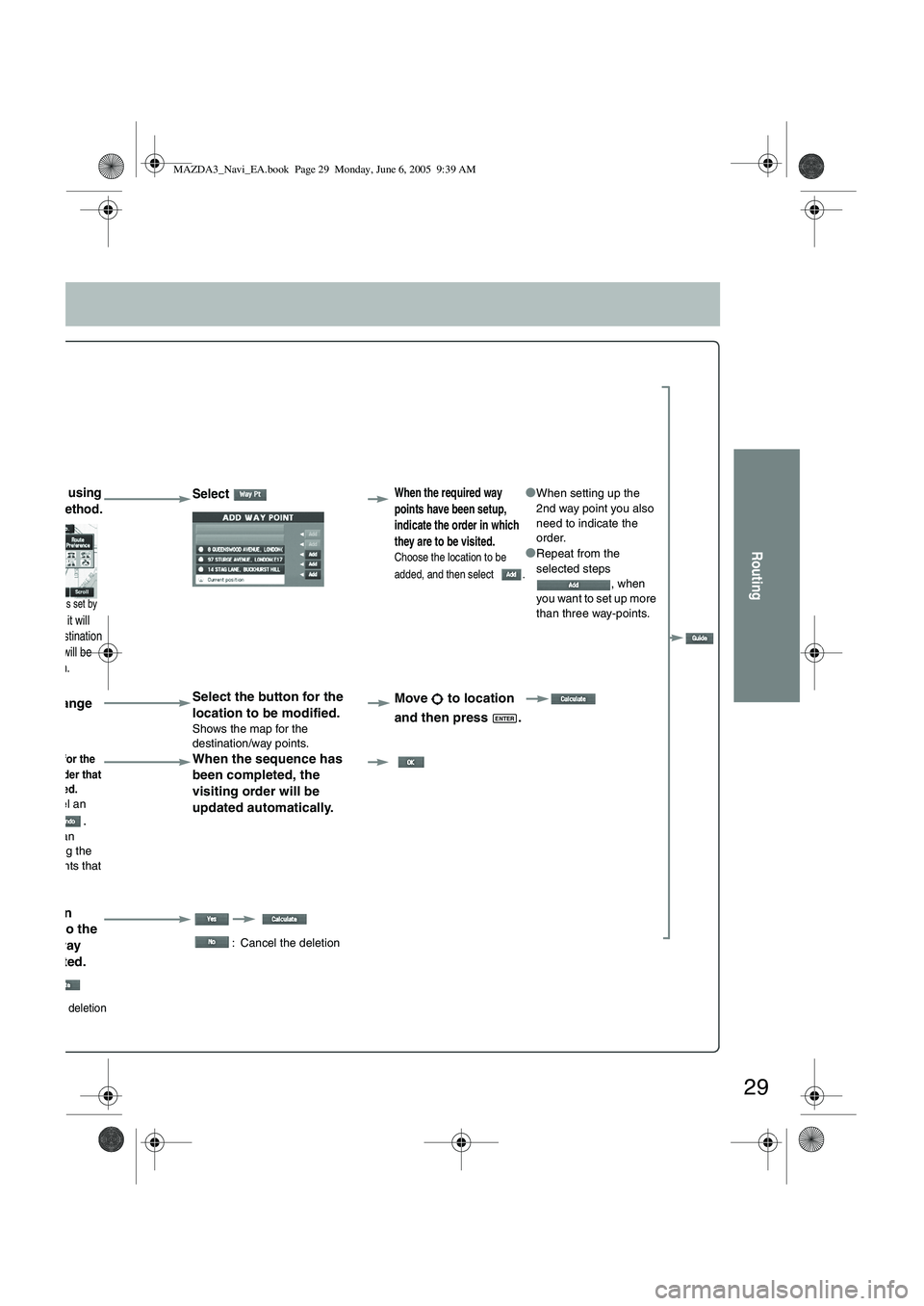 MAZDA MODEL 5 2006 Owners Manual 29
Routing
ay point using
erred method.
destination is set by
stination), it will
current destination
alculation will be
once again.
Select When the required way
points have been setup,
indicat MAZDA MODEL 5 2006 Owners Manual 29
Routing
ay point using
erred method.
destination is set by
stination), it will
current destination
alculation will be
once again.
Select When the required way
points have been setup,
indicat