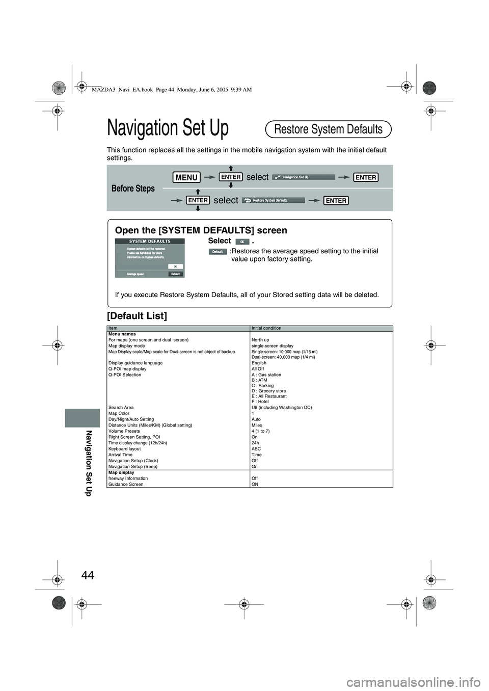 MAZDA MODEL 5 2006  Owners Manual 44
Navigation Set Up
Navigation Set Up
This function replaces all the settings in the mobile navigation system with the initial default 
settings.
[Default List]
Restore System Defaults
Before Steps
 