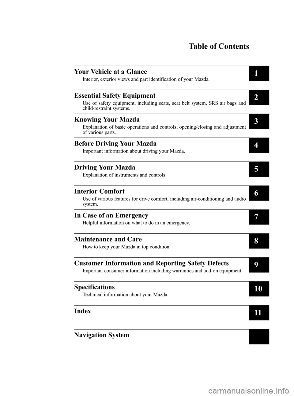 MAZDA MODEL 3 5-DOOR 2005  Owners Manual Black plate (5,1)
Mazda3_8T96-EA-04J_Edition3 Page5
Wednesday, May 11 2005 3:36 PM
Form No.8T96-EA-04J
Table of Contents
Your Vehicle at a Glance
Interior, exterior views and part identification of yo