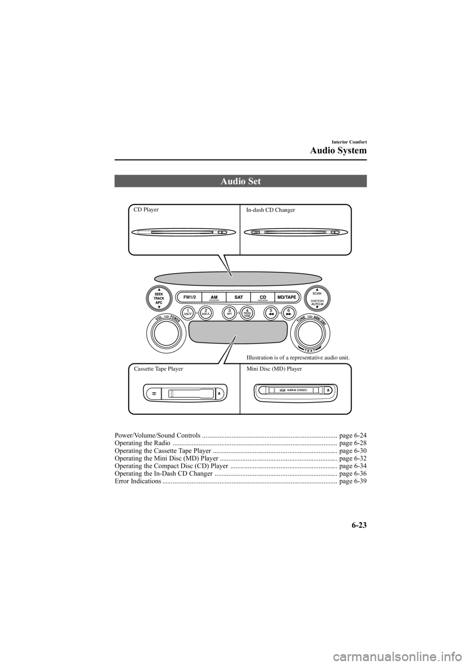 MAZDA MODEL 6 SPORT SEDAN 2005 Owners Manual Black plate (195,1)
Audio Set
Illustration is of a representative audio unit.
Mini Disc (MD) Player
Cassette Tape Player In-dash CD Changer
CD Player
Power/Volume/Sound Controls .................... MAZDA MODEL 6 SPORT SEDAN 2005 Owners Manual Black plate (195,1)
Audio Set
Illustration is of a representative audio unit.
Mini Disc (MD) Player
Cassette Tape Player In-dash CD Changer
CD Player
Power/Volume/Sound Controls ....................