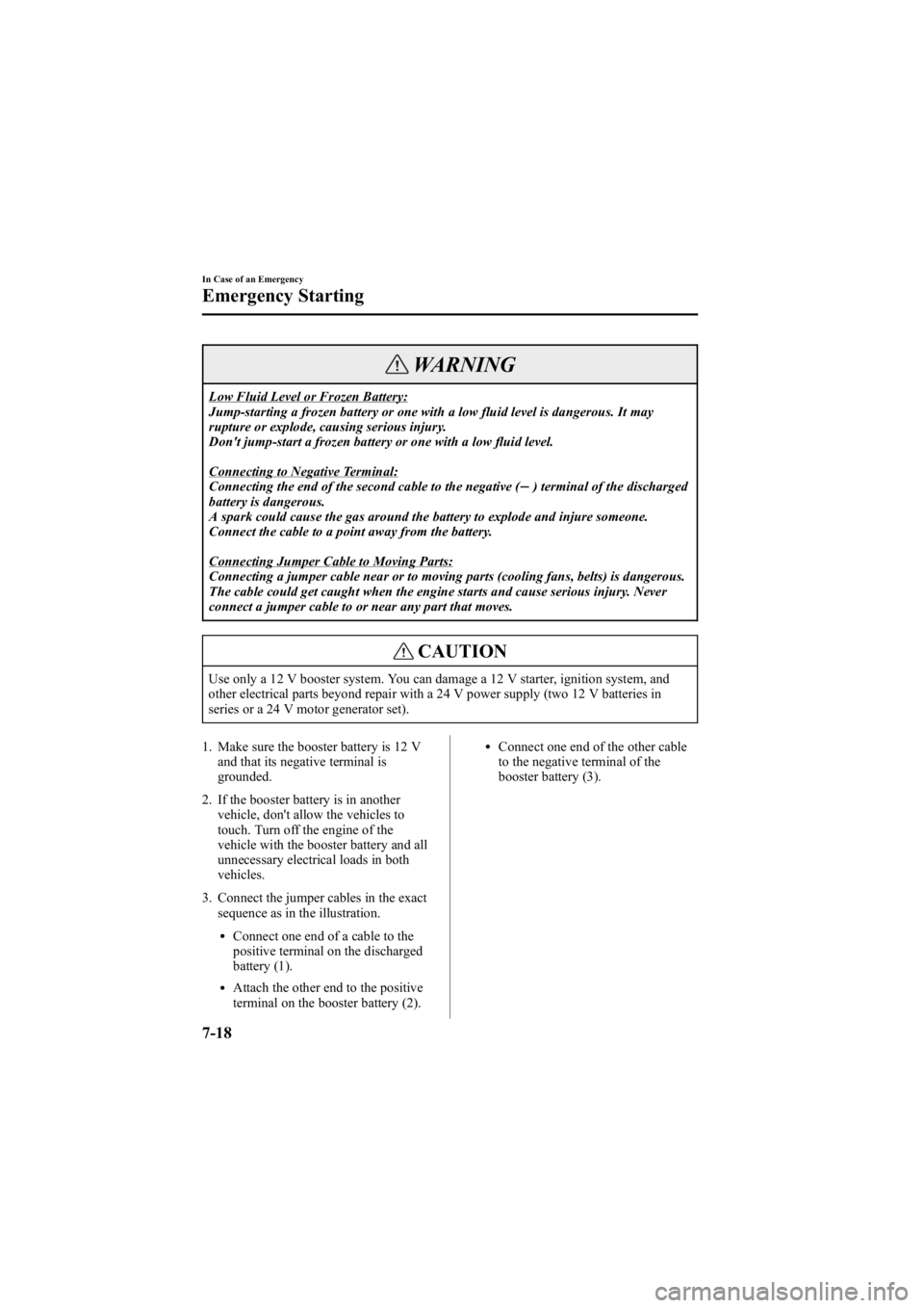 MAZDA MODEL 6 SPORT WAGON 2005  Owners Manual Black plate (246,1)
WARNING
Low Fluid Level or Frozen Battery:
Jump-starting a frozen battery or one with a low fluid level is dangerous. It may
rupture or explode, causing serious injury.
Don't j