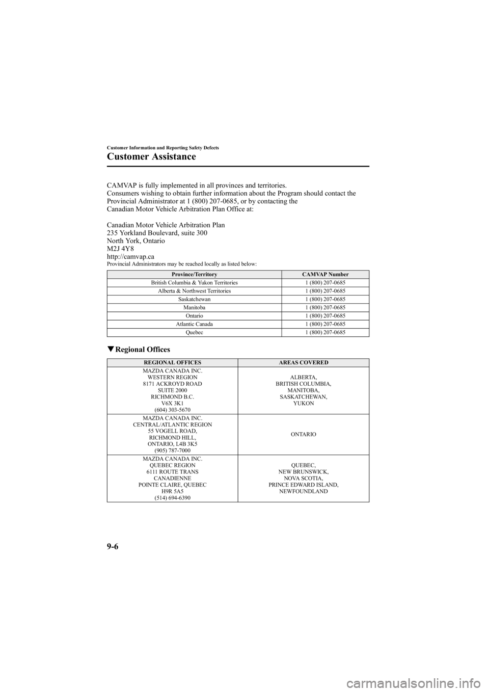 MAZDA MODEL 6 SPORT SEDAN 2005  Owners Manual Black plate (310,1)
CAMVAP is fully implemented in all provinces and territories.
Consumers wishing to obtain further information about the Program should contact the
Provincial Administrator at 1 (80