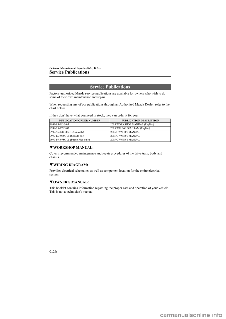 MAZDA MODEL 6 SPORT SEDAN 2005  Owners Manual Black plate (324,1)
Service Publications
Factory-authorized Mazda service publications are available for owners who wish to do
some of their own maintenance and repair.
When requesting any of our publ