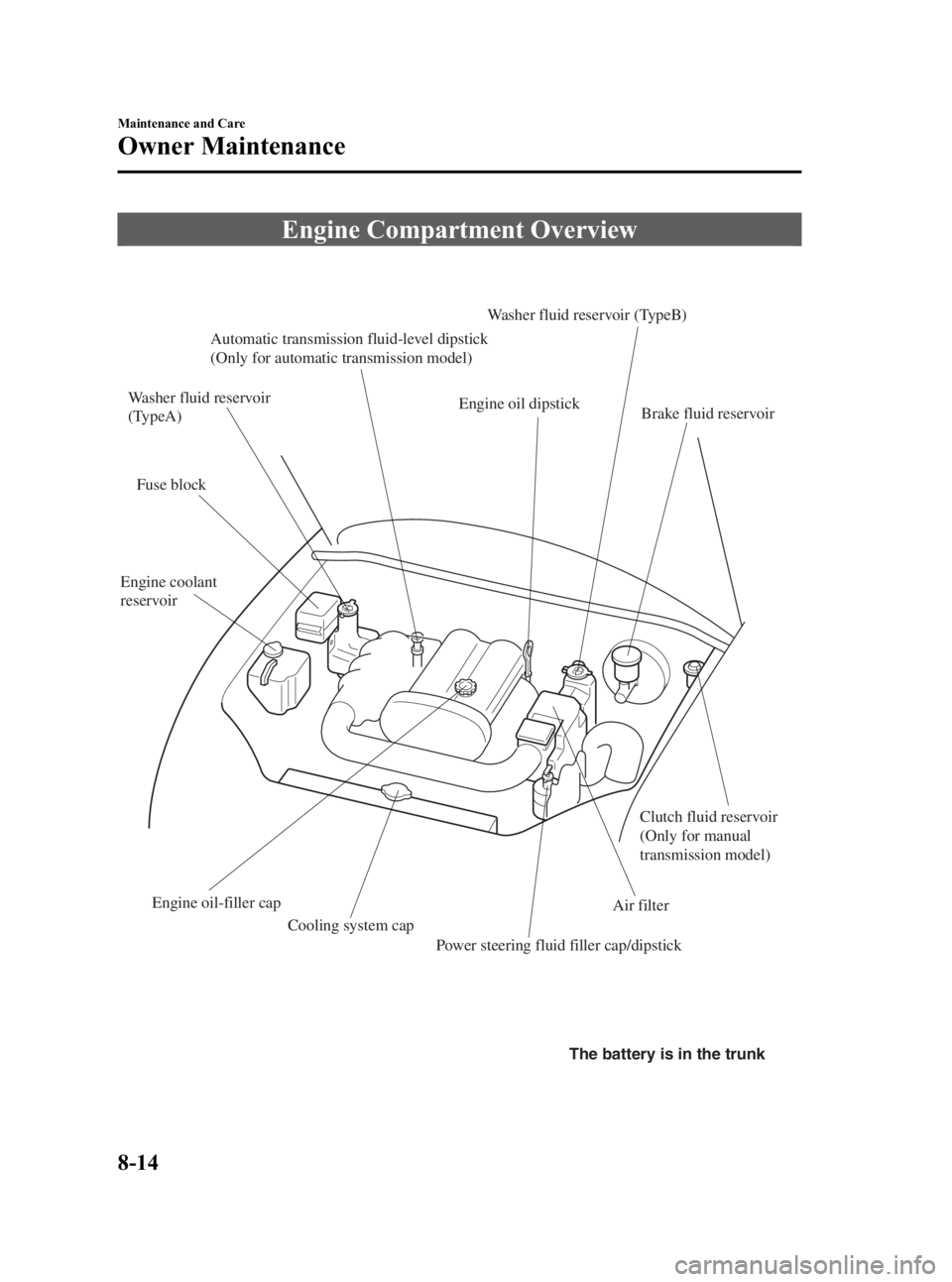 MAZDA MODEL SPEED MX-5 MIATA 2005  Owners Manual Black plate (230,1)
Engine Compartment Overview
Fuse blockEngine oil-filler cap Cooling system cap Power steering fluid filler cap/dipstick Air filterClutch fluid reservoir 
(Only for manual 
transmis