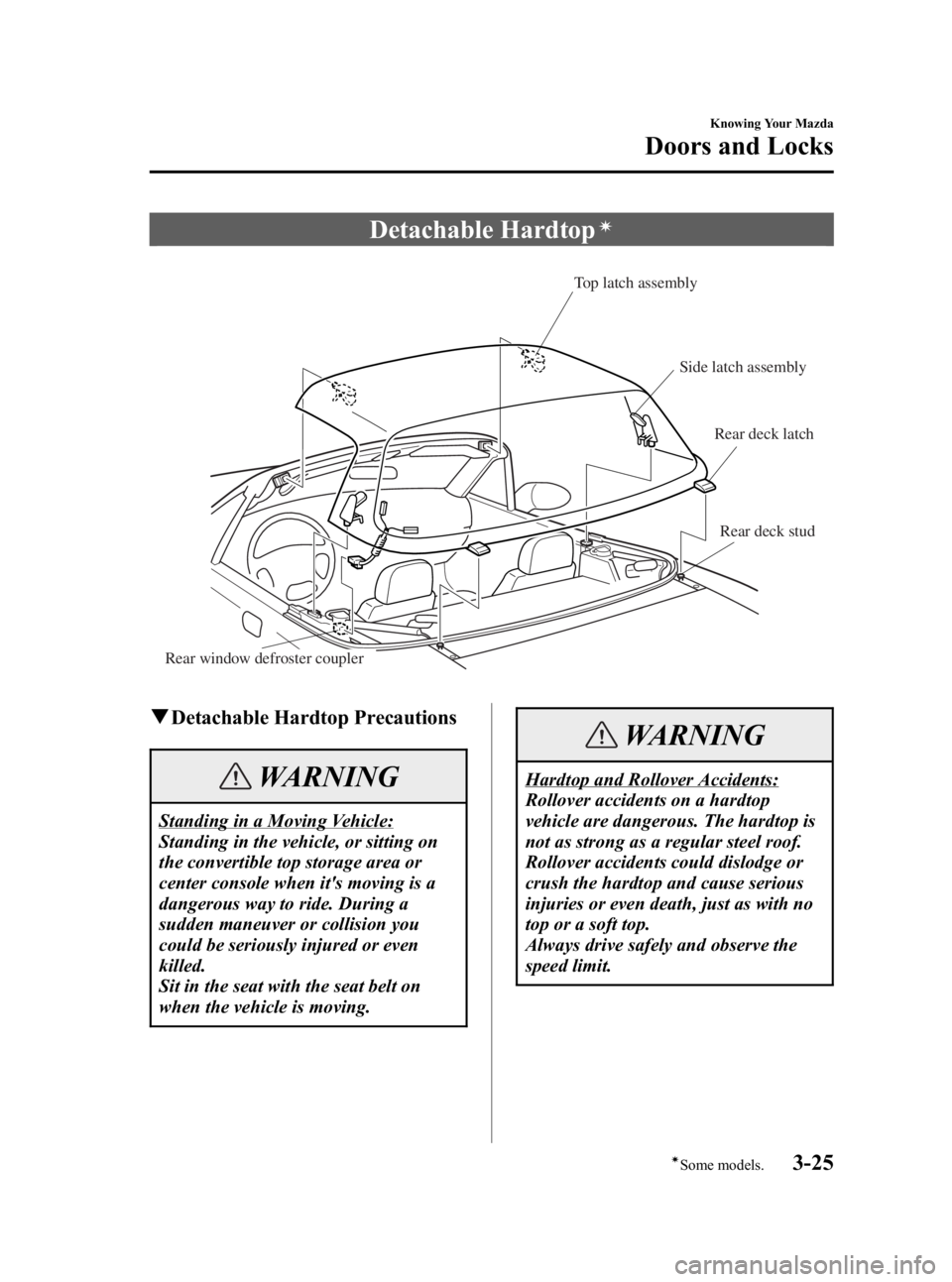 MAZDA MODEL MX-5 MIATA 2005 Repair Manual Black plate (67,1)
Detachable Hardtopí
Top latch assemblySide latch assemblyRear deck latch
Rear deck stud
Rear window defroster coupler
q Detachable Hardtop Precautions
WARNING
Standing in a Moving 