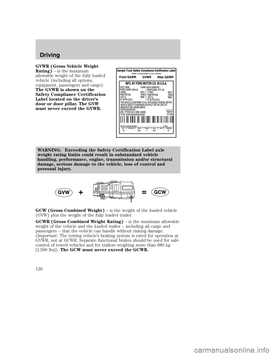 MAZDA MODEL B3000 TRUCK 2005  Owners Manual GVWR (Gross Vehicle Weight
Rating)– is the maximum
allowable weight of the fully loaded
vehicle (including all options,
equipment, passengers and cargo).
The GVWR is shown on the
Safety Compliance C