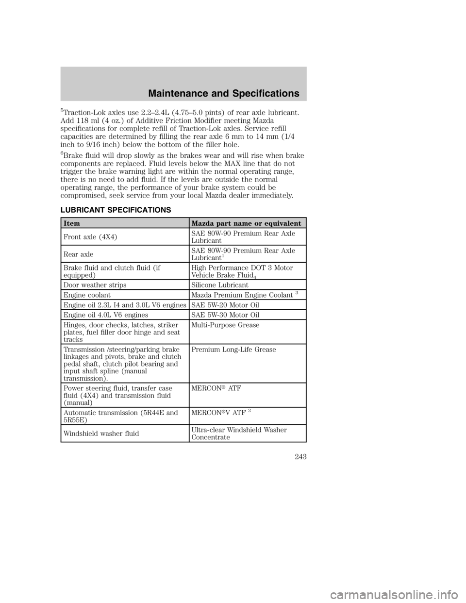 MAZDA MODEL B4000 TRUCK 2005  Owners Manual 5Traction-Lok axles use 2.2–2.4L (4.75–5.0 pints) of rear axle lubricant.
Add 118 ml (4 oz.) of Additive Friction Modifier meeting Mazda
specifications for complete refill of Traction-Lok axles. S