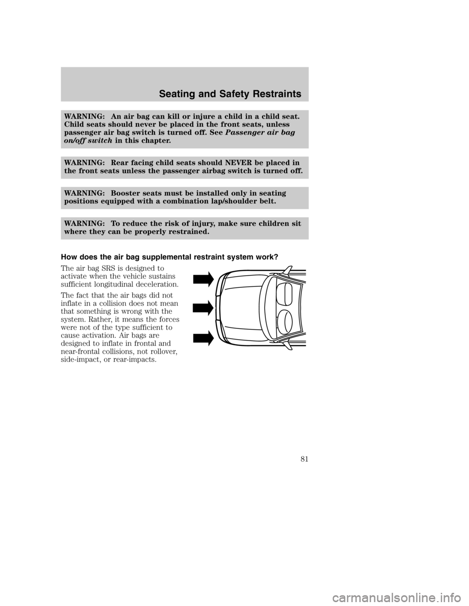 MAZDA MODEL B3000 TRUCK 2005 Manual Online WARNING: An air bag can kill or injure a child in a child seat.
Child seats should never be placed in the front seats, unless
passenger air bag switch is turned off. SeePassenger air bag
on/off switch