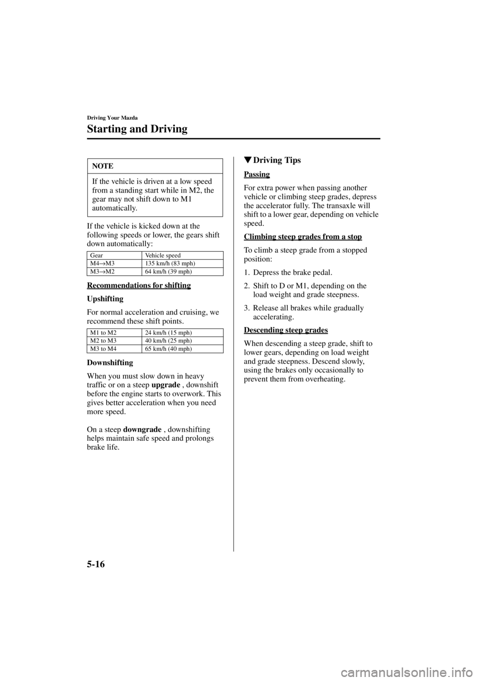 MAZDA MODEL 3 4-DOOR 2004 User Guide 5-16
Driving Your Mazda
Starting and Driving
Form No. 8S18-EA-03I
If the vehicle is kicked down at the 
following speeds or lower, the gears shift 
down automatically:
Recommendations for shifting
Ups