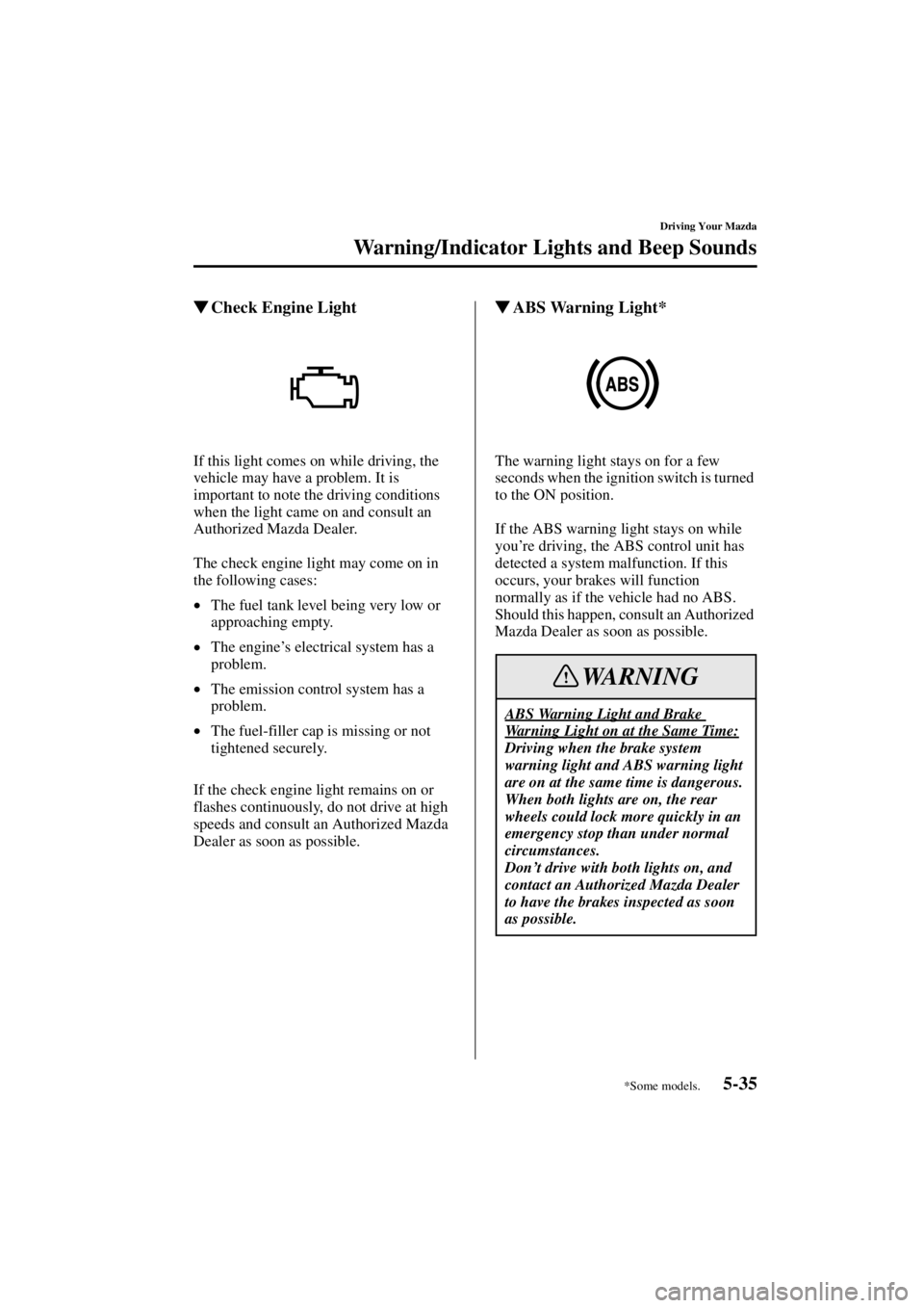 MAZDA MODEL 3 5-DOOR 2004 User Guide 5-35
Driving Your Mazda
Warning/Indicator Lights and Beep Sounds
Form No. 8S18-EA-03I
Check Engine Light
If this light comes on while driving, the 
vehicle may have a problem. It is 
important to not