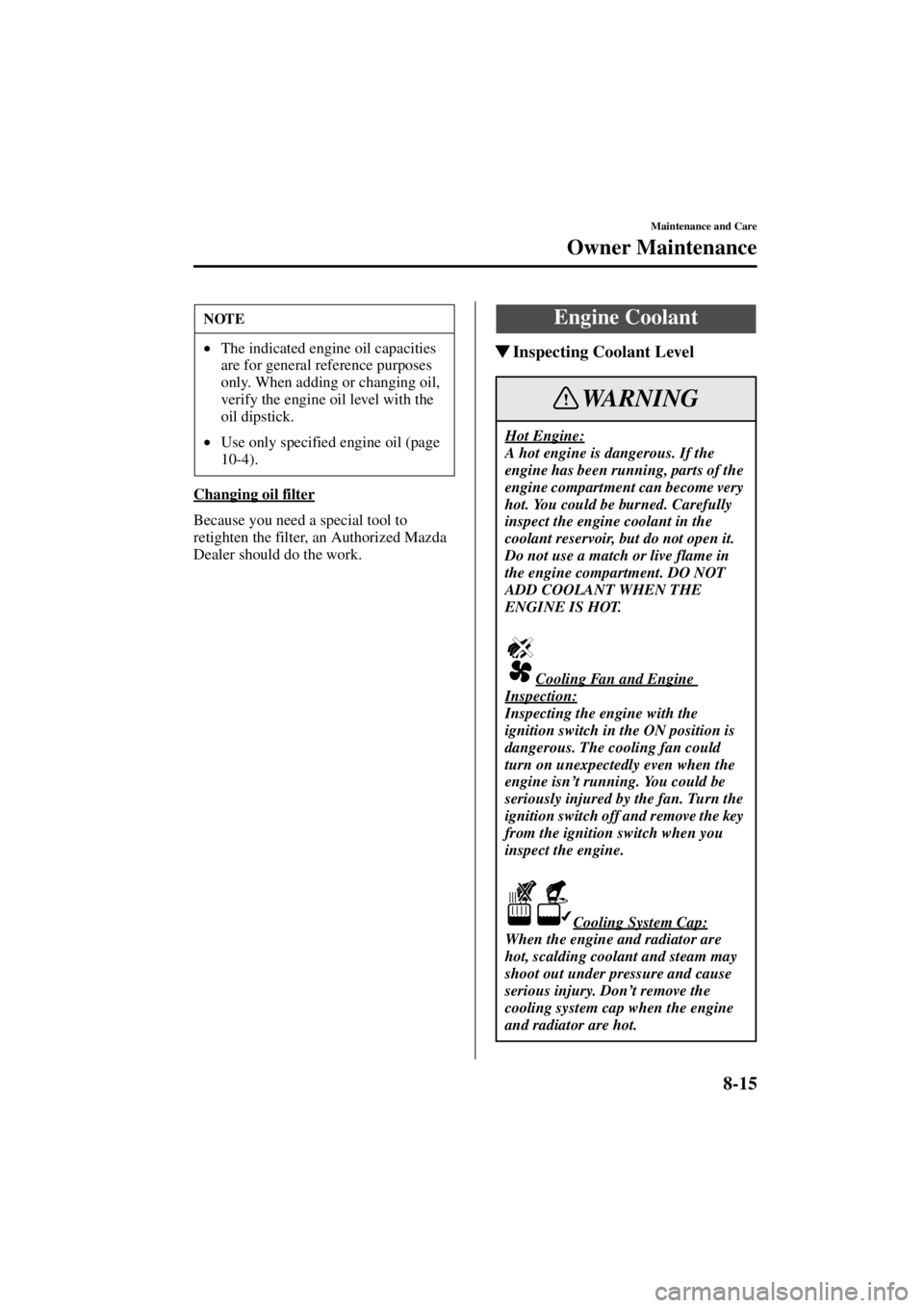 MAZDA MODEL 3 4-DOOR 2004  Owners Manual 8-15
Maintenance and Care
Owner Maintenance
Form No. 8S18-EA-03I
Changing oil filter
Because you need a special tool to 
retighten the filter, an Authorized Mazda 
Dealer should do the work.
Inspecti