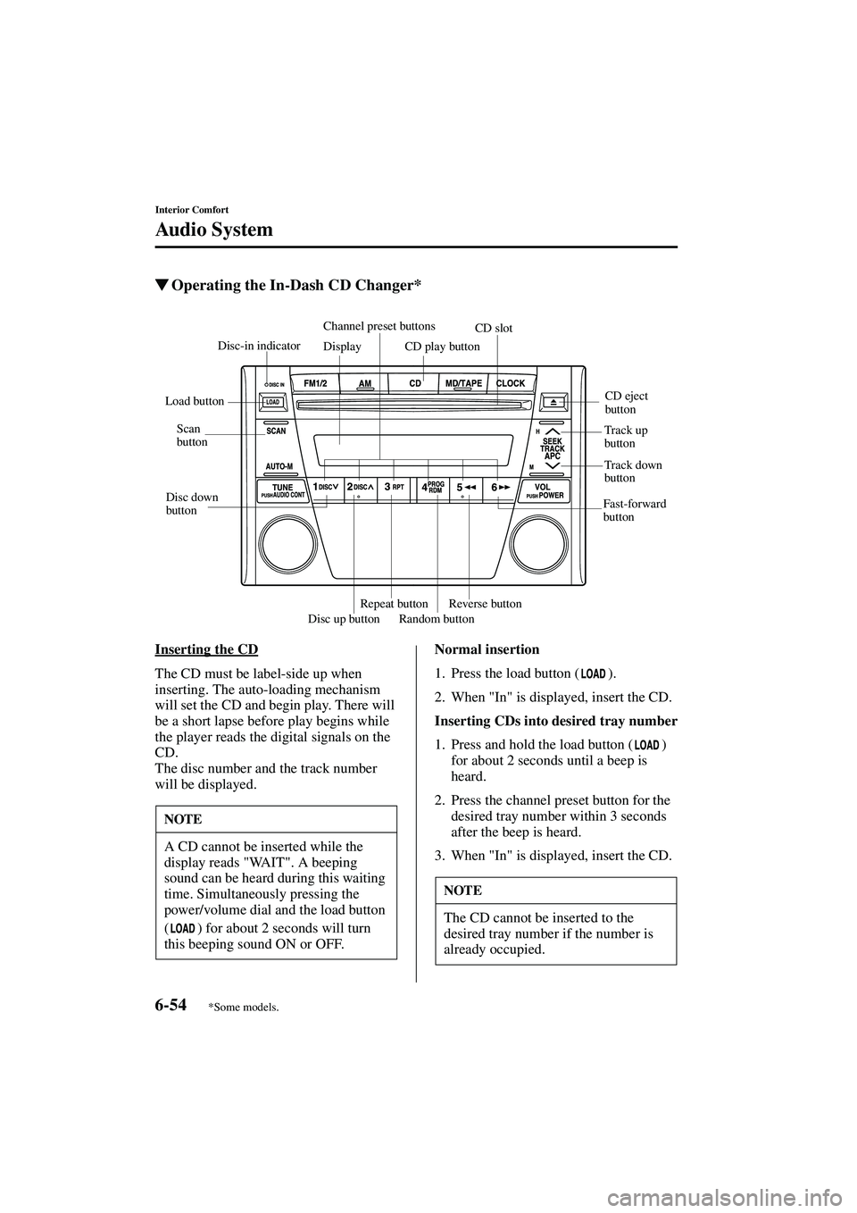 MAZDA MODEL MX-5 MIATA 2004  Owners Manual 6-54
Interior Comfort
Au di o S ys t em
Form No. 8S15-EA-03G
Operating the In-Dash CD Changer*
Inserting the CD
The CD must be label-side up when 
inserting. The auto-loading mechanism 
will set the 