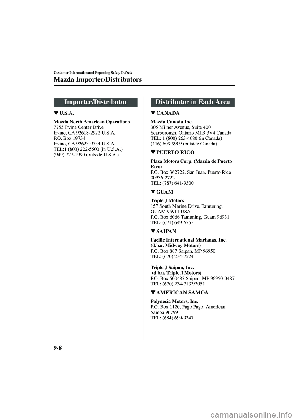 MAZDA MODEL MX-5 MIATA 2004  Owners Manual 9-8
Customer Information and Reporting Safety Defects
Form No. 8S15-EA-03G
Mazda Importer/Distributors
U. S . A .
Mazda North American Operations
7755 Irvine Center Drive
Irvine, CA 92618-2922 U.S.A.