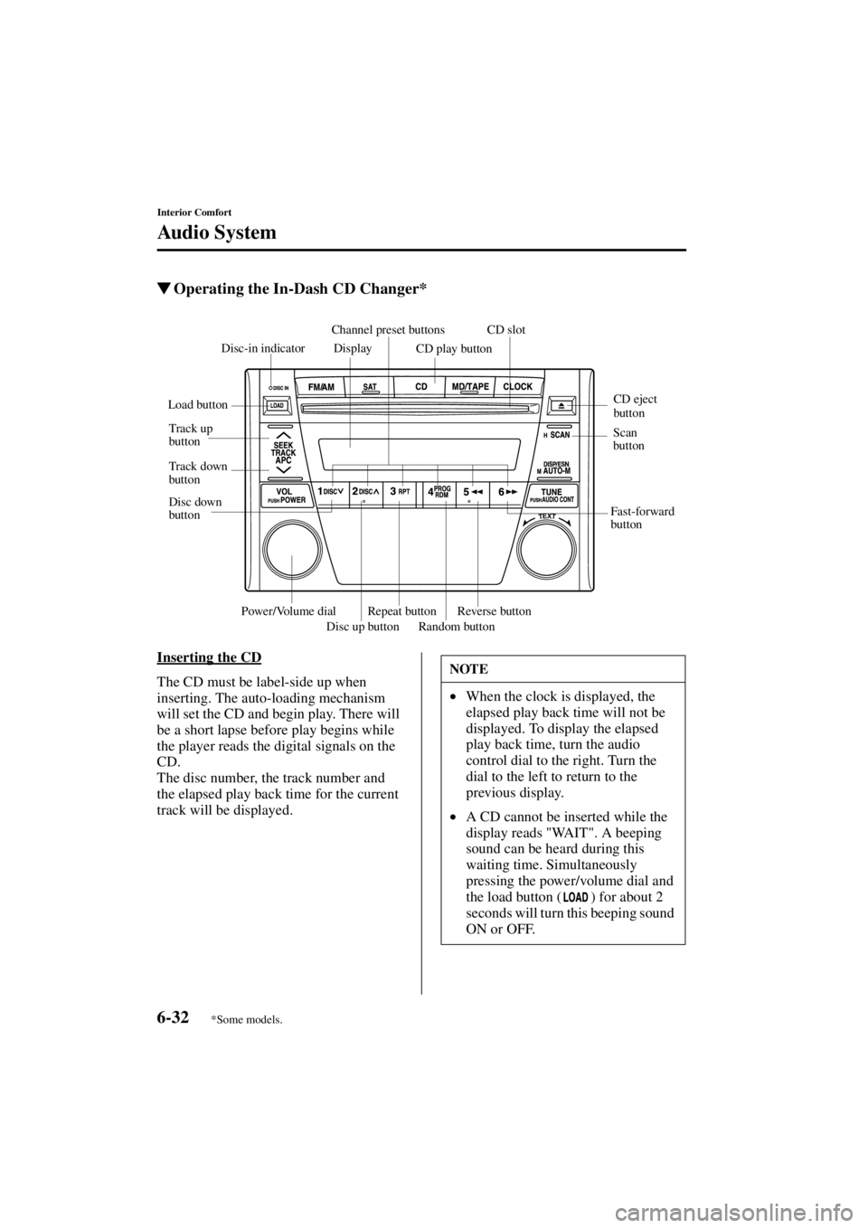 MAZDA MODEL SPEED MX-5 MIATA 2004  Owners Manual 6-32
Interior Comfort
Au di o S ys t em
Form No. 8T02-EA-03L
Operating the In-Dash CD Changer*
Inserting the CD
The CD must be label-side up when 
inserting. The auto-loading mechanism 
will set the 