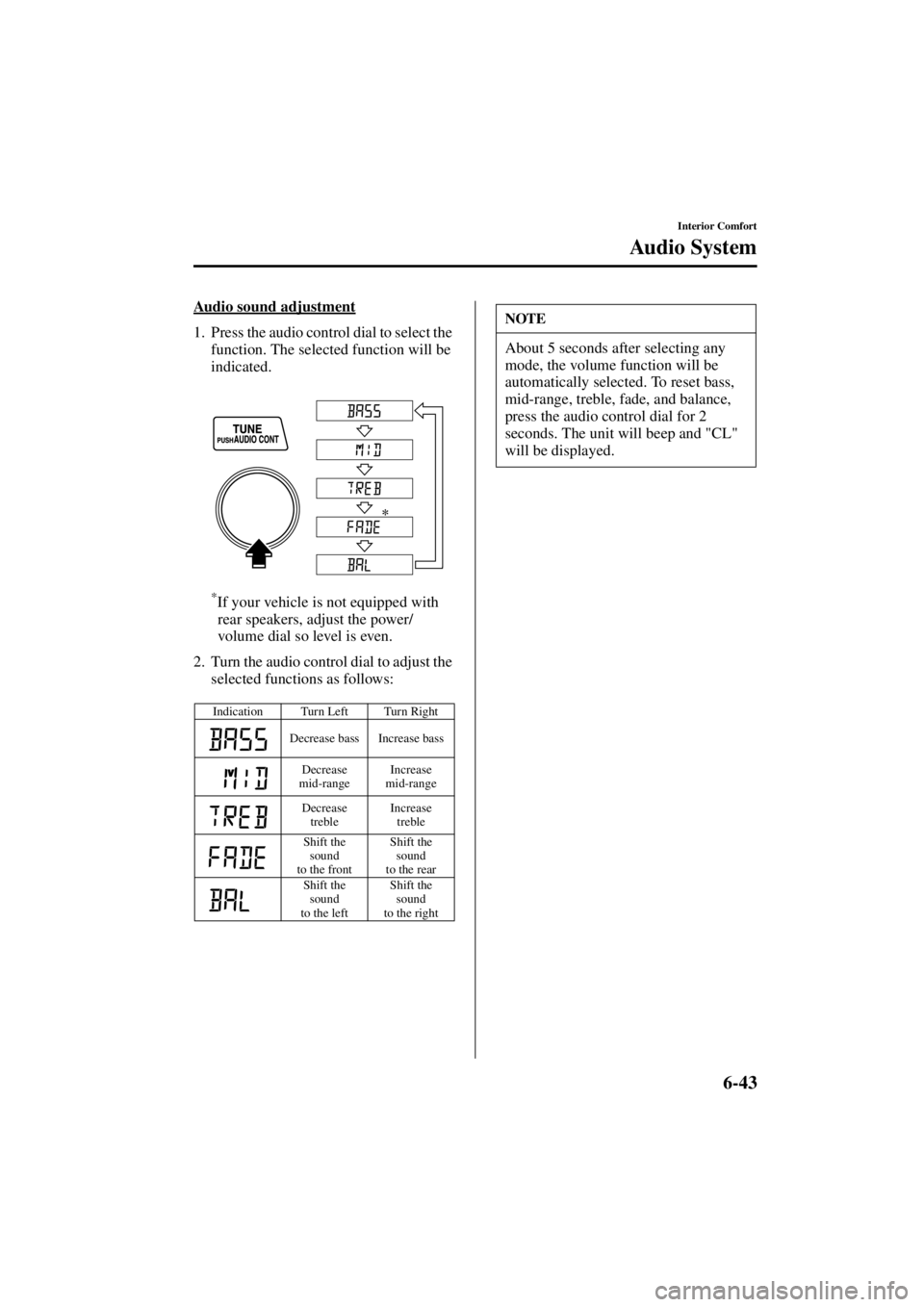 MAZDA MODEL SPEED MX-5 MIATA 2004  Owners Manual 6-43
Interior Comfort
Au di o S ys t em
Form No. 8T02-EA-03L
Audio sound adjustment
1. Press the audio control dial to select the function. The selected function will be 
indicated.
*If your vehicle i