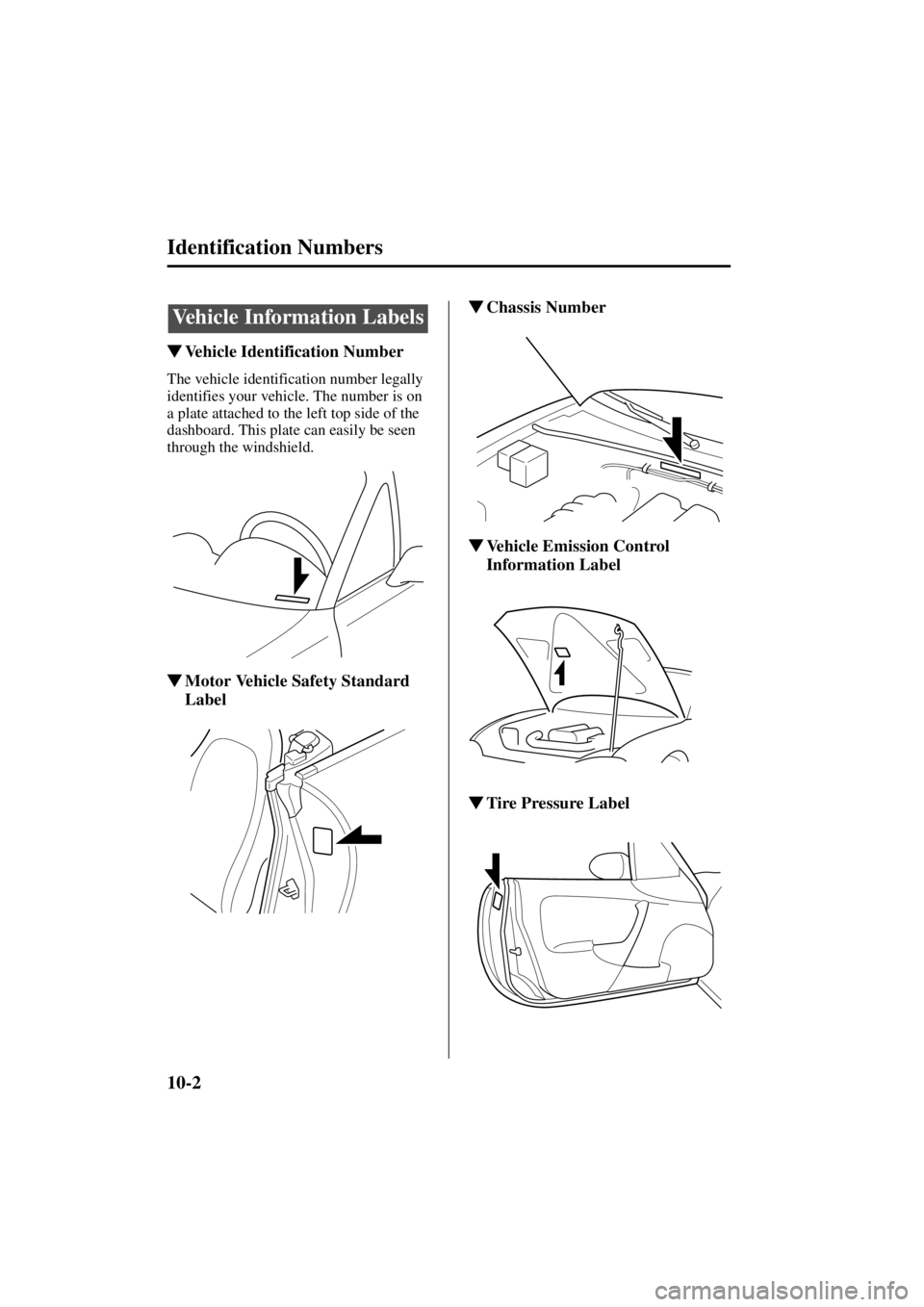 MAZDA MODEL SPEED MX-5 MIATA 2004  Owners Manual 10-2
Form No. 8T02-EA-03L
Identification Numbers
Vehicle Identification Number
The vehicle identification number legally 
identifies your vehicle. The number is on 
a plate attached to the left top s