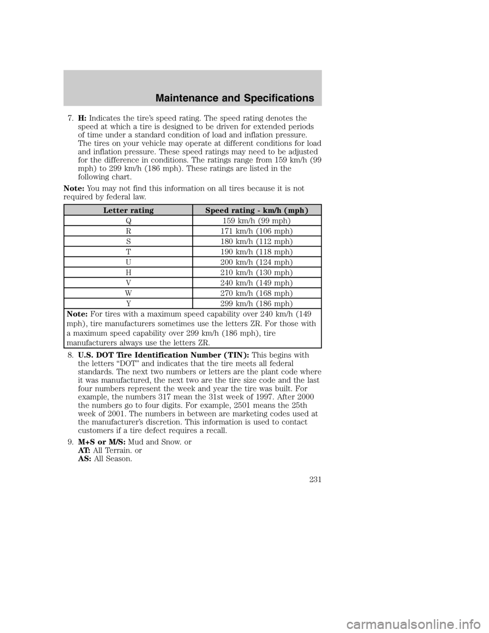 MAZDA MODEL B3000 TRUCK 2004 Owners Manual 7.H: Indicates the tire’s speed rating. The speed rating denotes the
speed at which a tire is designed to be driven for extended periods
of time under a standard condition of load and inflation pres MAZDA MODEL B3000 TRUCK 2004 Owners Manual 7.H: Indicates the tire’s speed rating. The speed rating denotes the
speed at which a tire is designed to be driven for extended periods
of time under a standard condition of load and inflation pres