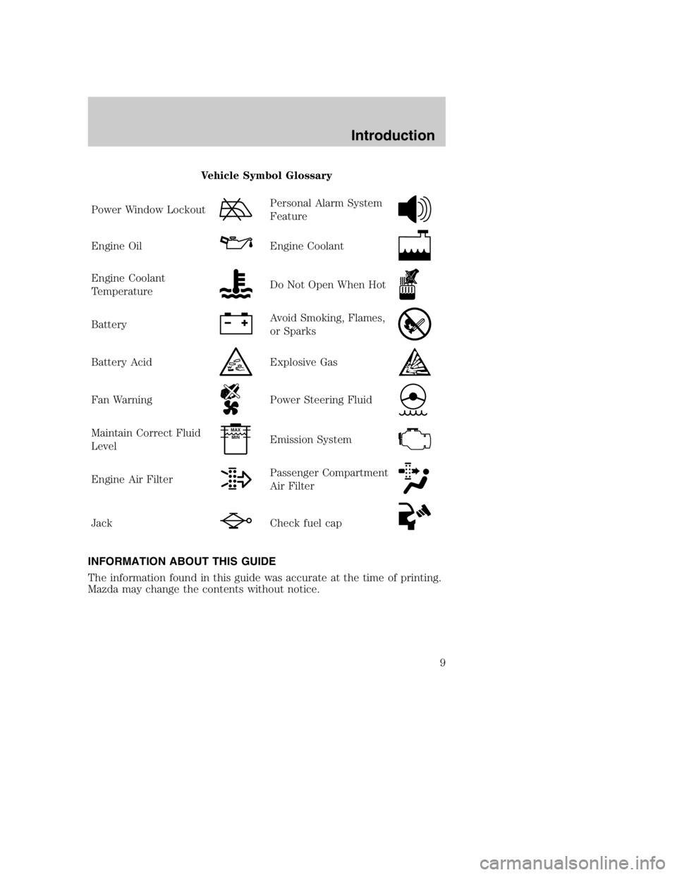 MAZDA MODEL B3000 TRUCK 2004  Owners Manual Vehicle Symbol Glossary
Power Window Lockout
Personal Alarm System
Feature
Engine OilEngine Coolant
Engine Coolant
TemperatureDo Not Open When Hot
BatteryAvoid Smoking, Flames,
or Sparks
Battery AcidE