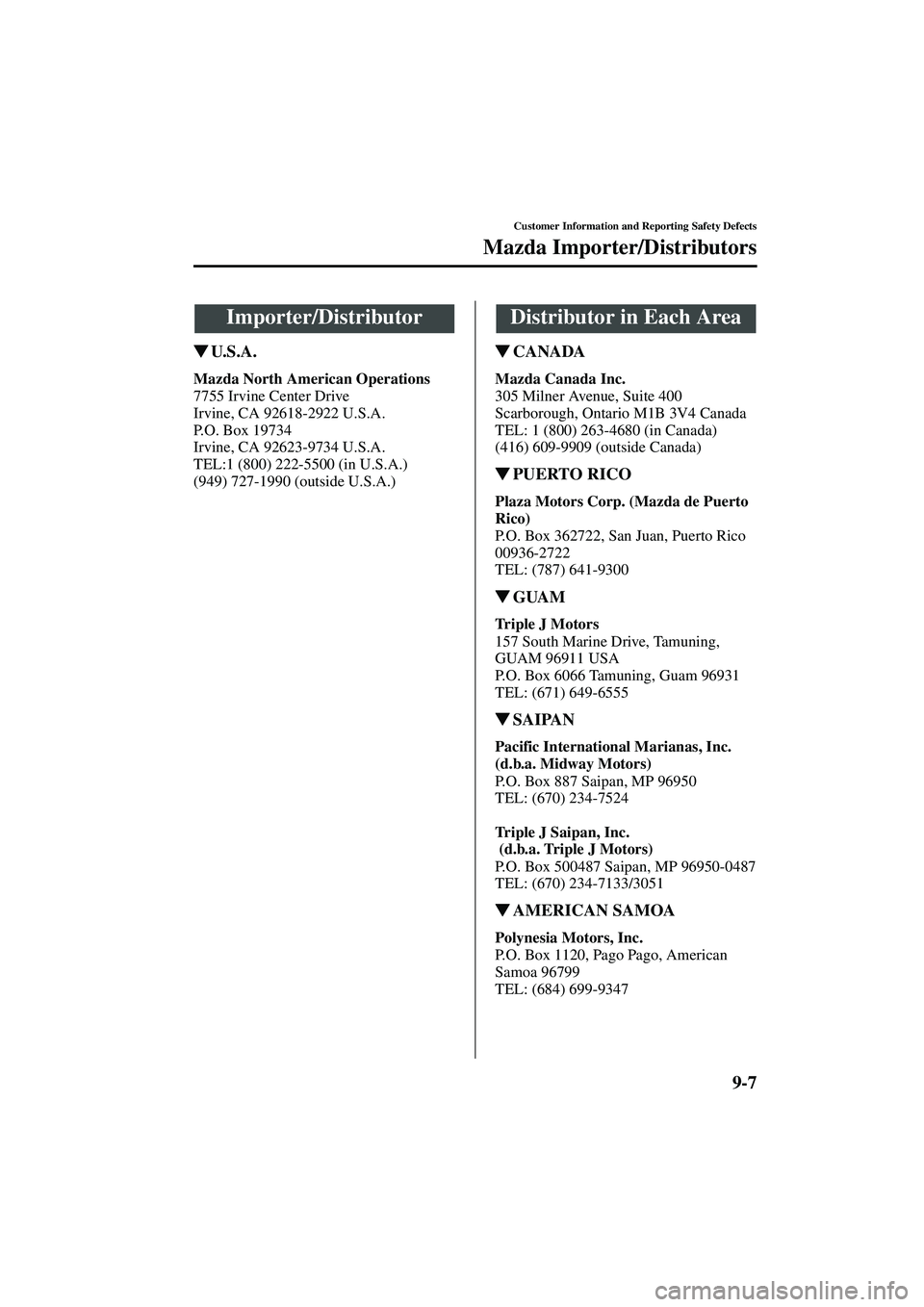 MAZDA MODEL MX-5 MIATA 2003  Owners Manual 9-7
Customer Information and Reporting Safety Defects
Form No. 8R09-EA-02G
Mazda Importer/Distributors
U. S . A .
Mazda North American Operations
7755 Irvine Center Drive
Irvine, CA 92618-2922 U.S.A.