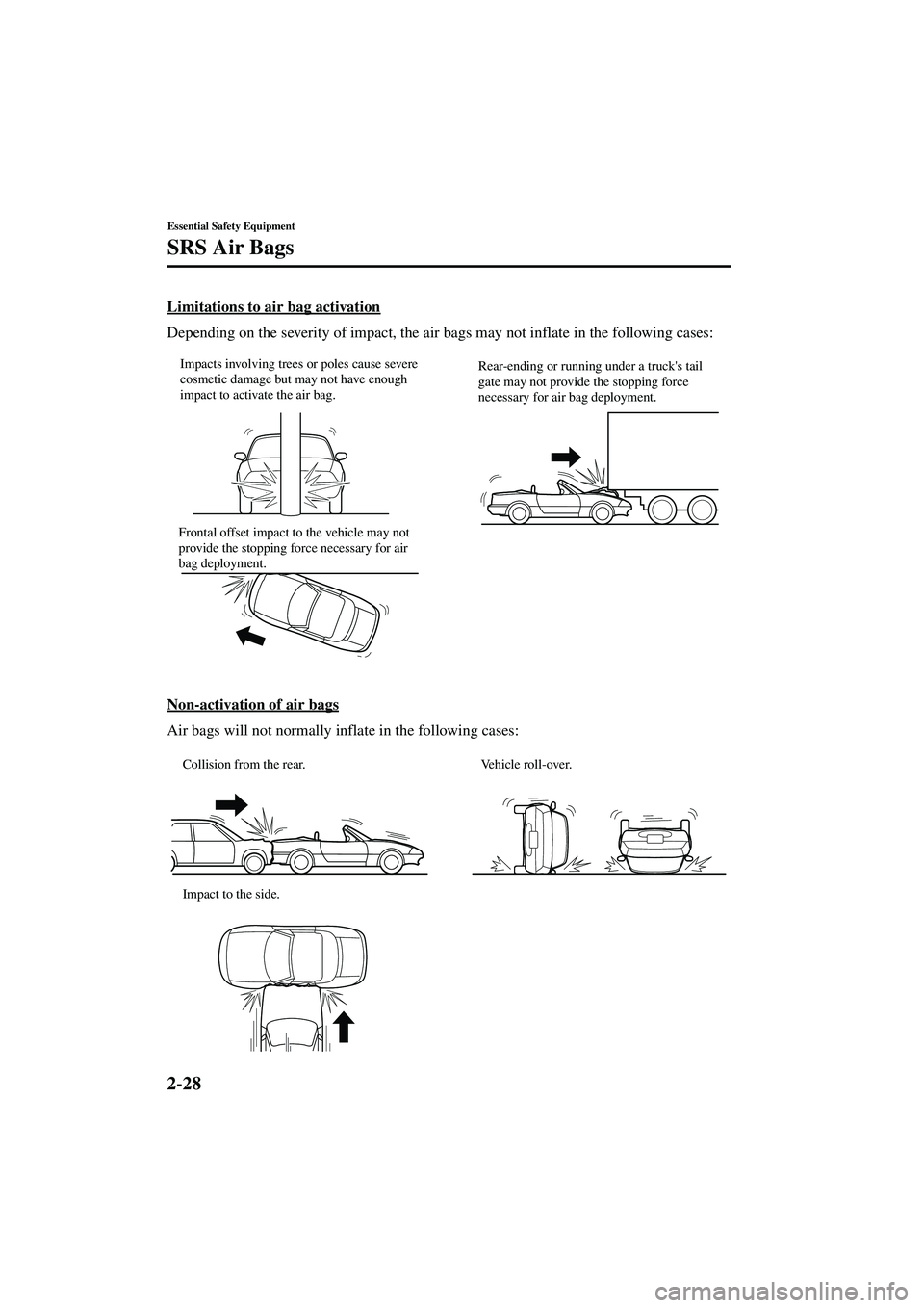 MAZDA MODEL MX-5 MIATA 2003 Owners Guide 2-28
Essential Safety Equipment
SRS Air Bags
Form No. 8R09-EA-02G
Limitations to air bag activation
Depending on the severity of impact, the air bags may not inflate in the following cases:
Non-activa